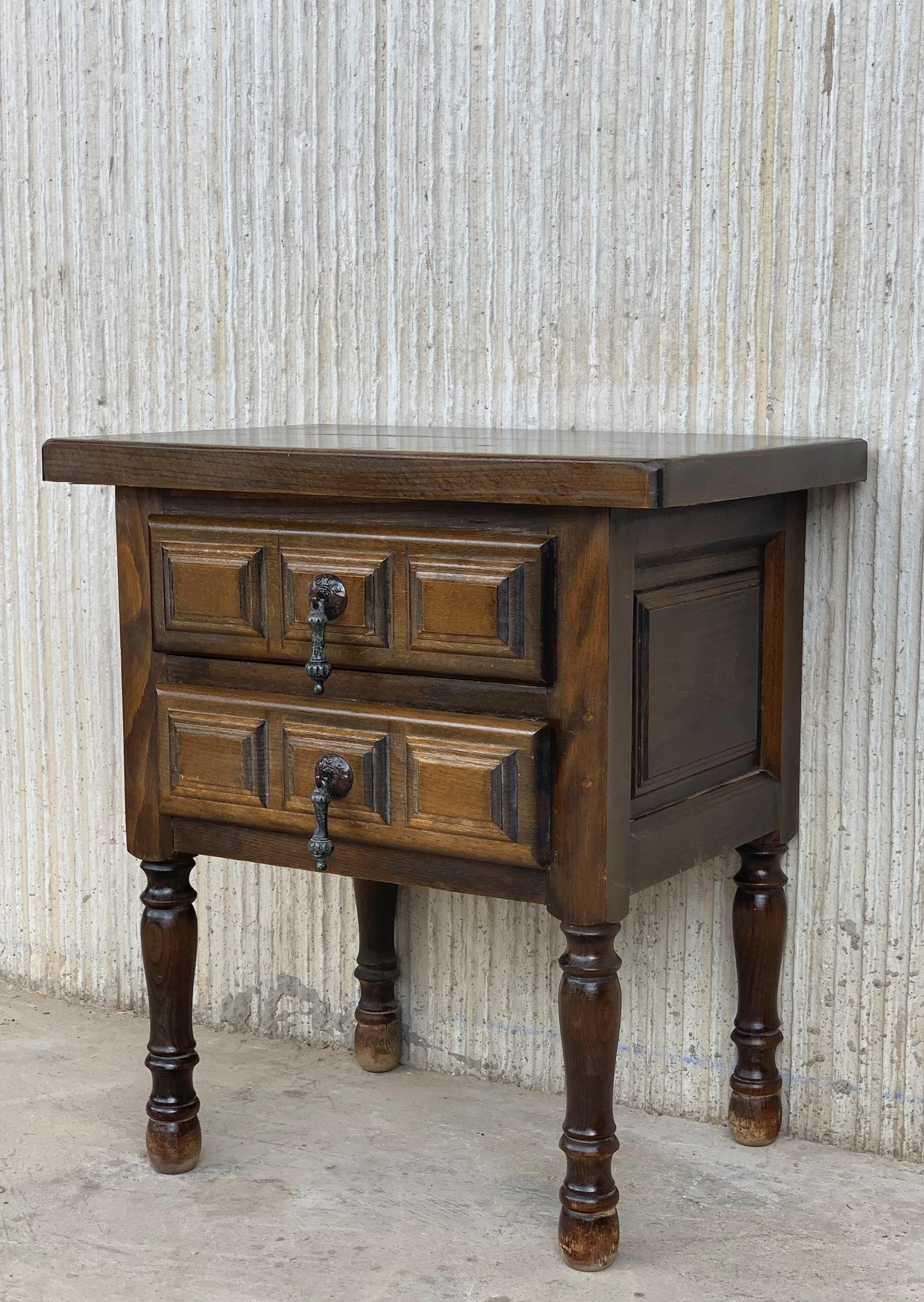 19th Century 19th Pair of Spanish Nightstands, Bedsides, Side Tables with Two Carved Drawers