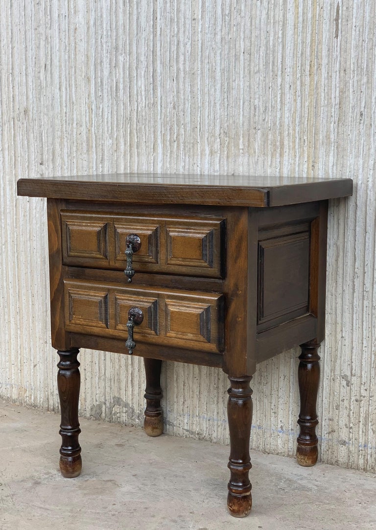 19th Pair of Spanish Nightstands, Bedsides, Side Tables with Two Carved