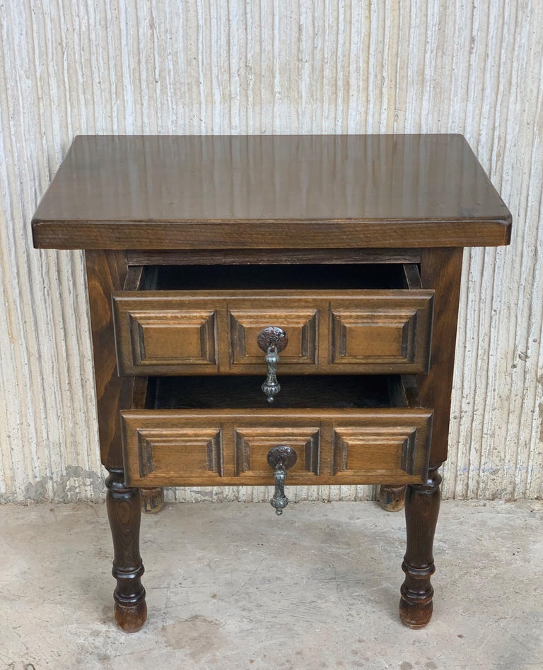 19th Pair of Spanish Nightstands, Bedsides, Side Tables with Two Carved