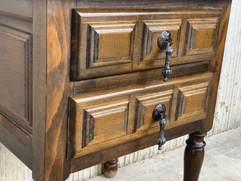 19th Pair of Spanish Nightstands, Bedsides, Side Tables with Two Carved