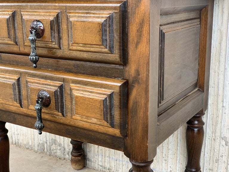 19th Pair of Spanish Nightstands, Bedsides, Side Tables with Two Carved