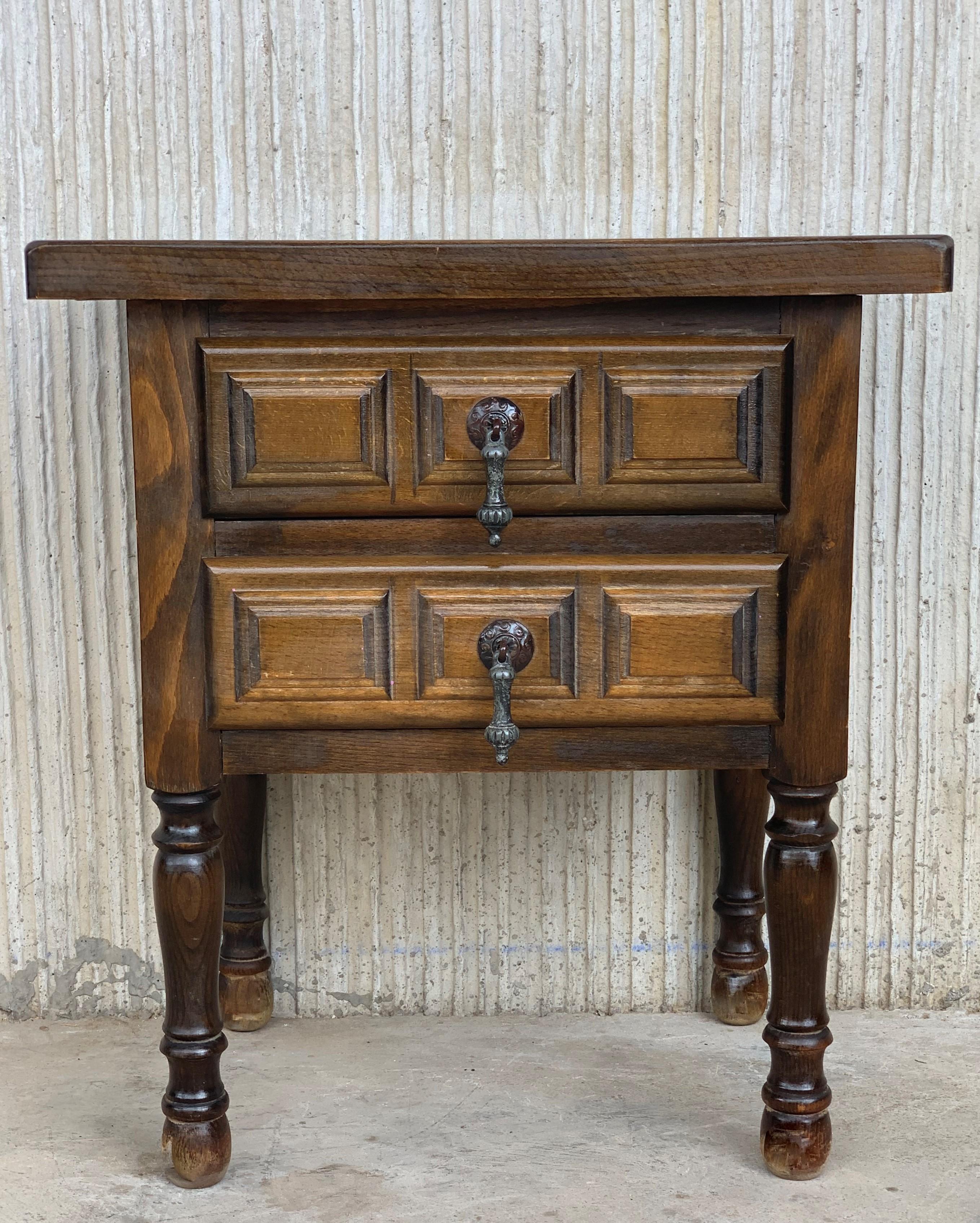 19th Pair of Spanish Nightstands, Bedsides, Side Tables with Two Carved Drawers 3