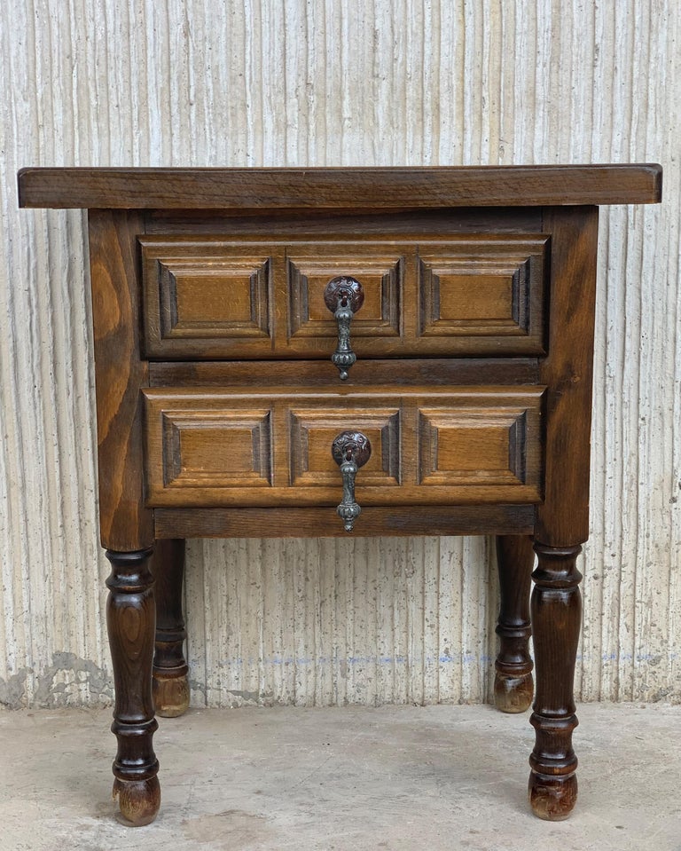 19th Pair of Spanish Nightstands, Bedsides, Side Tables with Two Carved