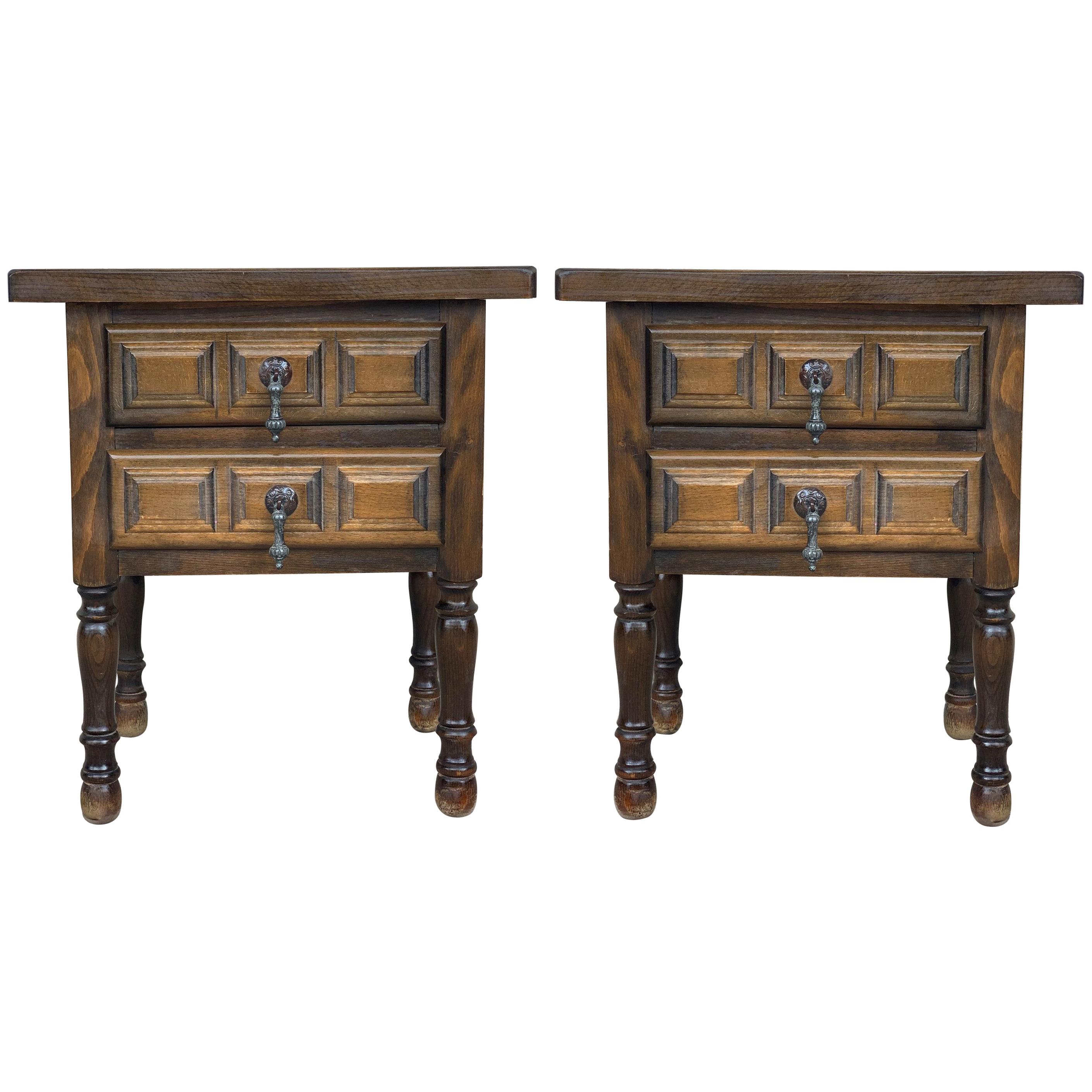 19th Pair of Spanish Nightstands, Bedsides, Side Tables with Two Carved Drawers