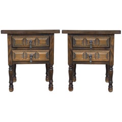 19th Pair of Spanish Nightstands, Bedsides, Side Tables with Two Carved Drawers