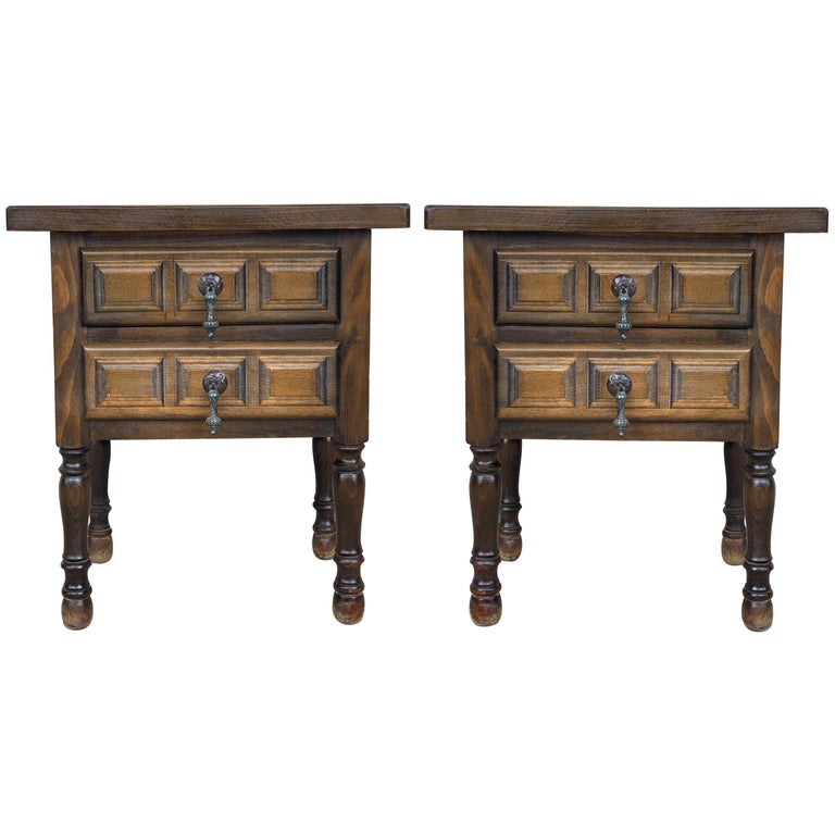 19th Pair of Spanish Nightstands, Bedsides, Side Tables with Two Carved