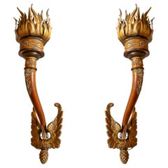 19th Pair of Torch-type Wall Sconces in Carved Wood and Gilt Bronze