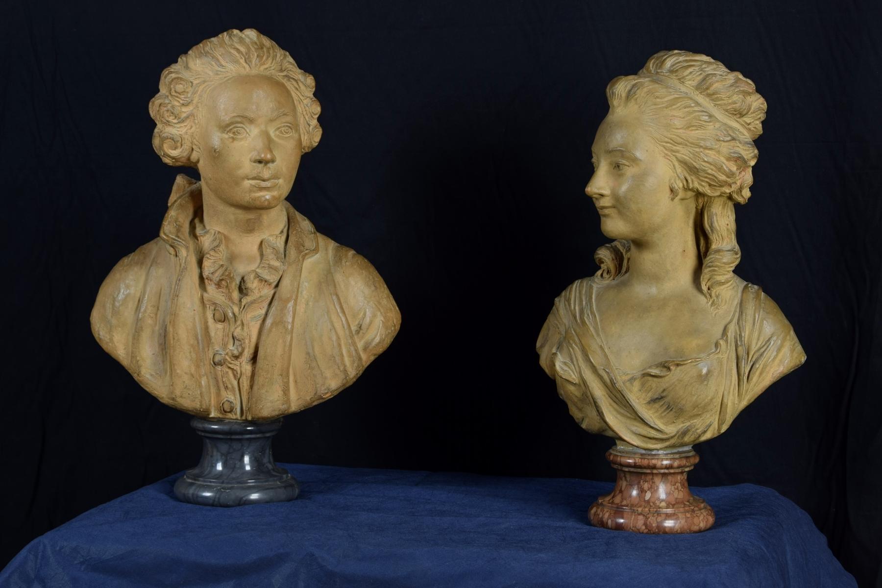 Luigi XV XIX secolo, Coppia di busti francesi in terracotta in vendita