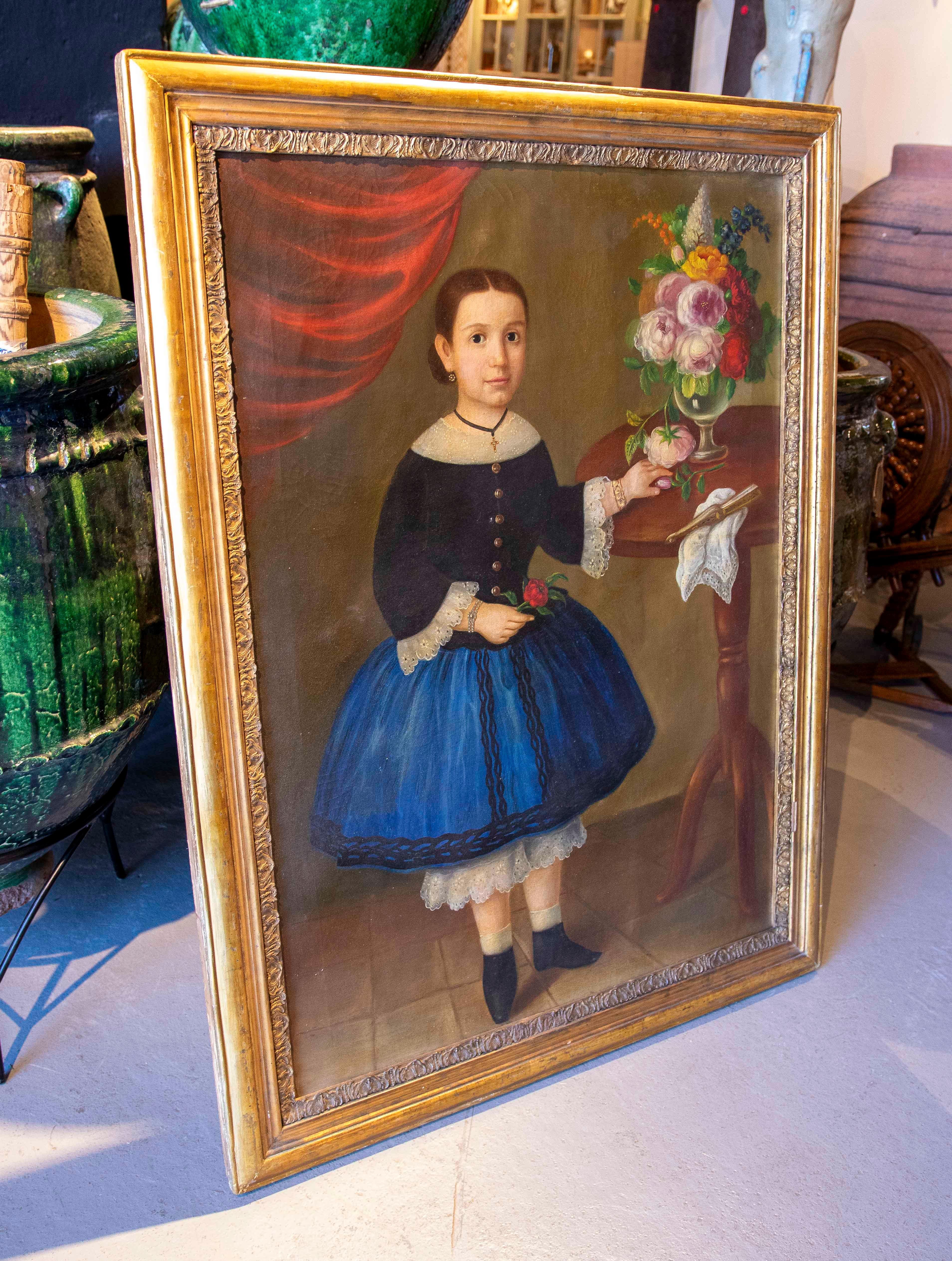 Spanish 19th Portrait of a Girl Painted in oil on Canvas, Framed For Sale