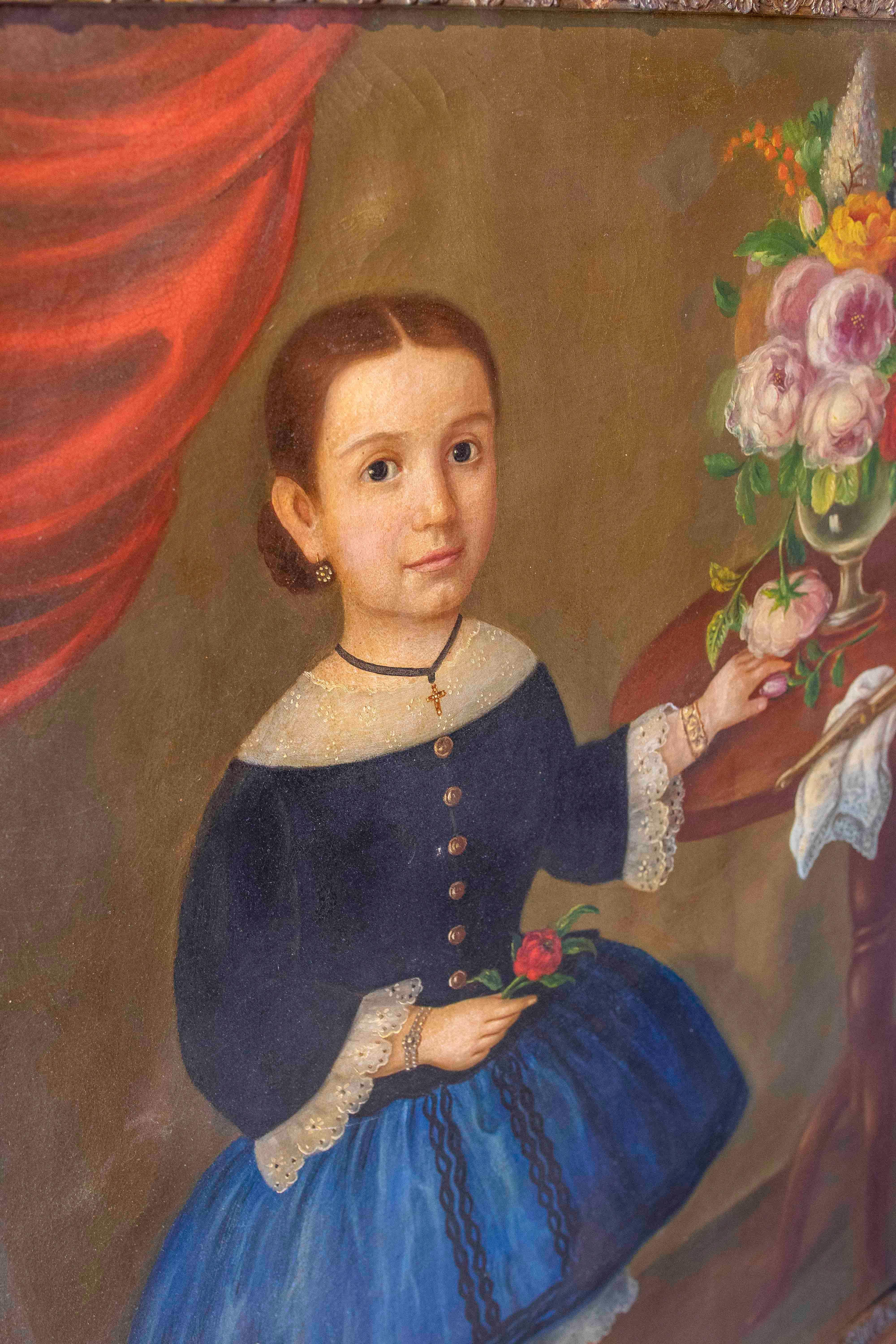 Hand-Painted 19th Portrait of a Girl Painted in oil on Canvas, Framed For Sale
