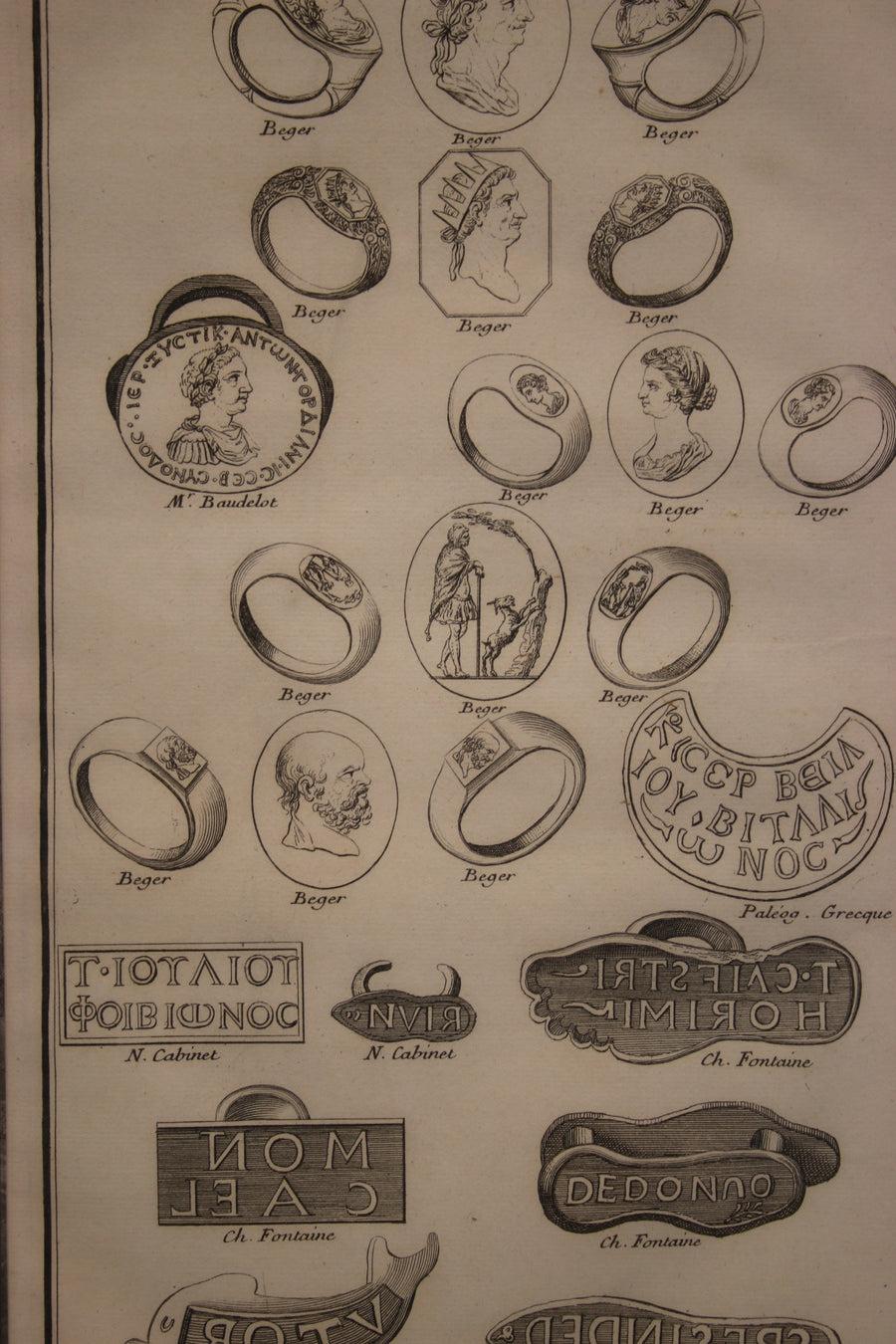 19th Printing Stamp Rings from an Apprentice Book 2

A 19th French print from a student book or examples book for making signet rings.

We have 2 different ones in stock.

Height 52 cm, width 36 cm

We can send these for you.

Additional
