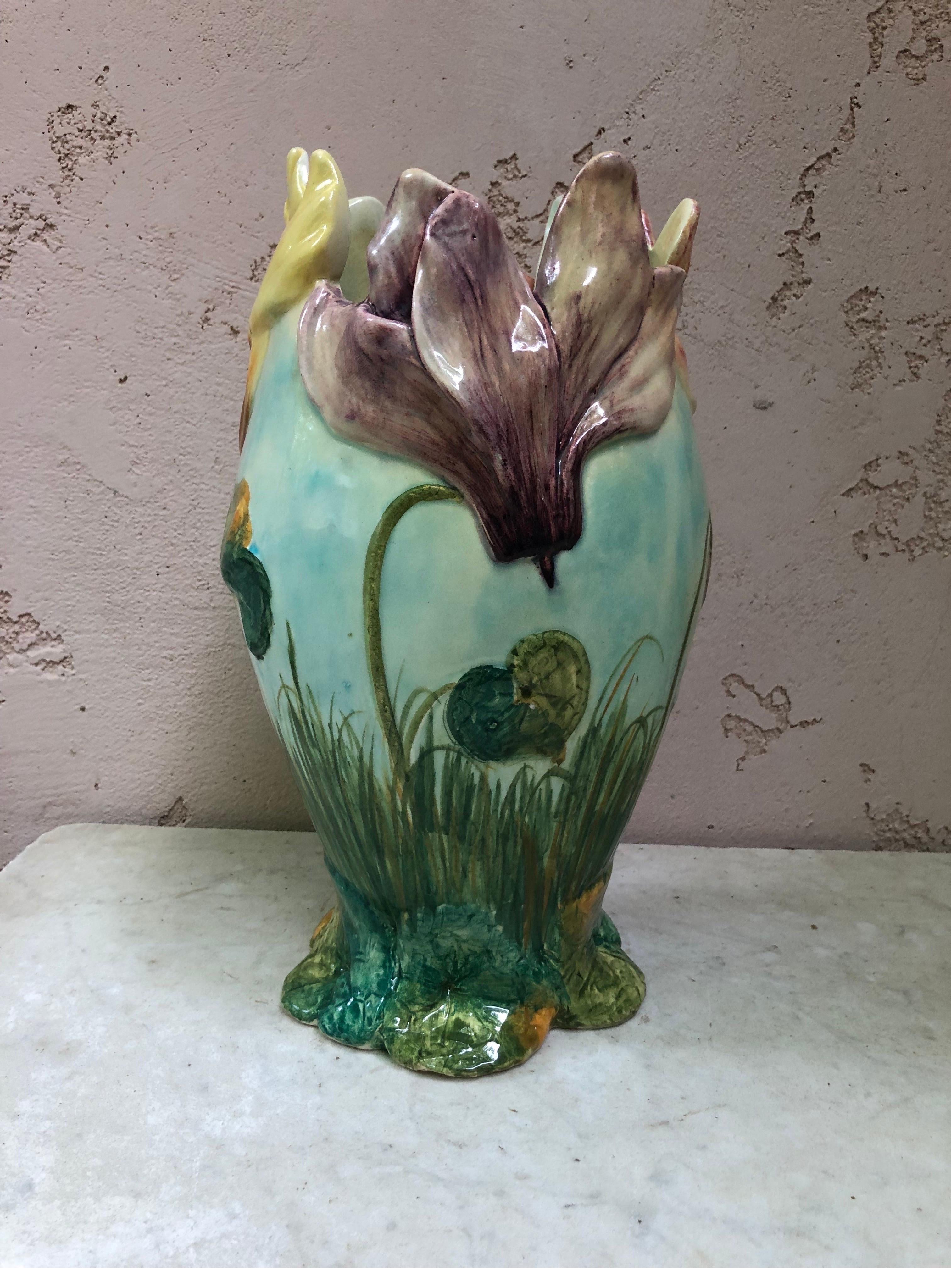 19th rare French Majolica Cyclamens vase signed Jean Massier.