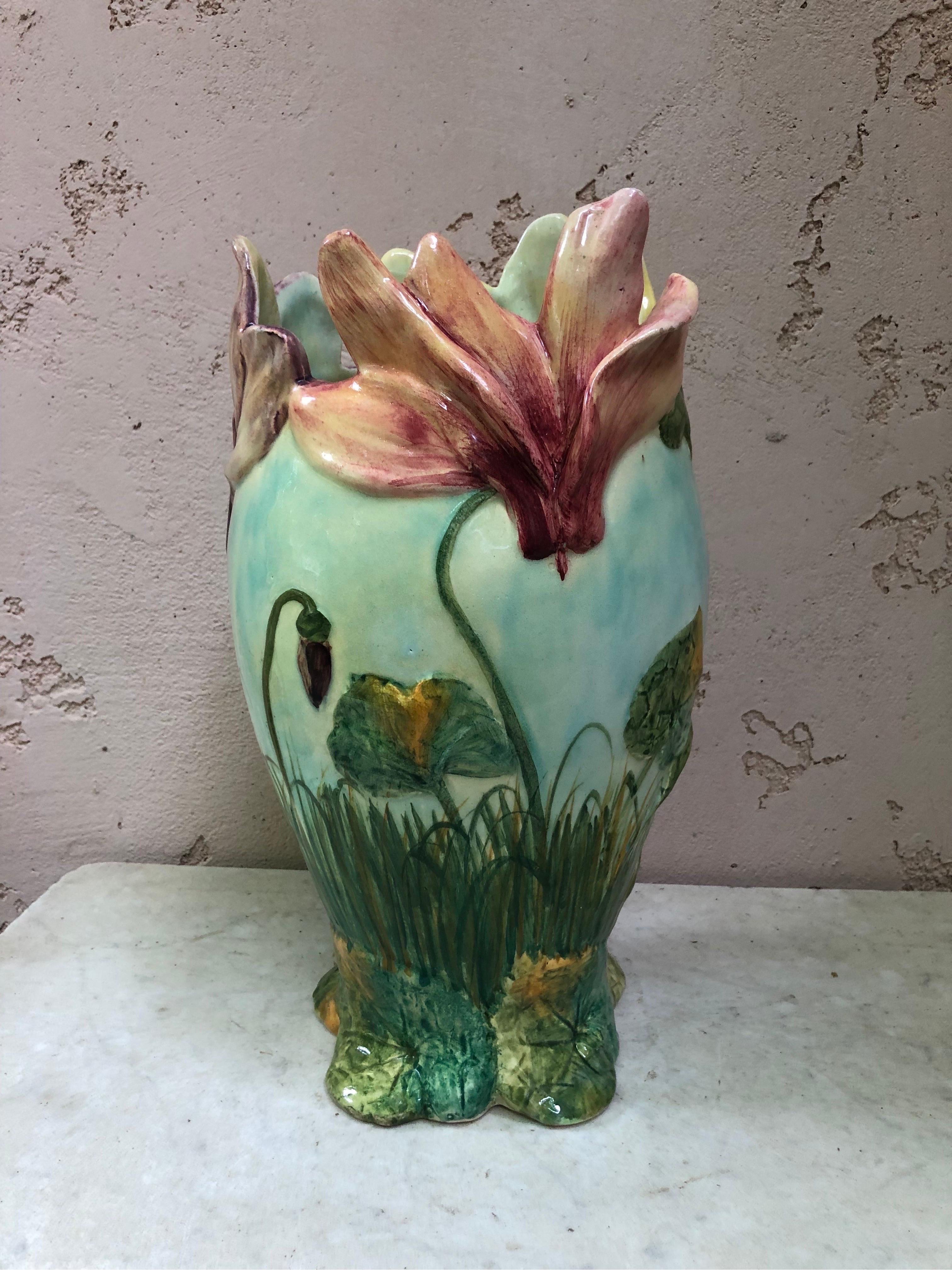 Art Nouveau 19th Rare French Majolica Cyclamens Vase Jean Massier