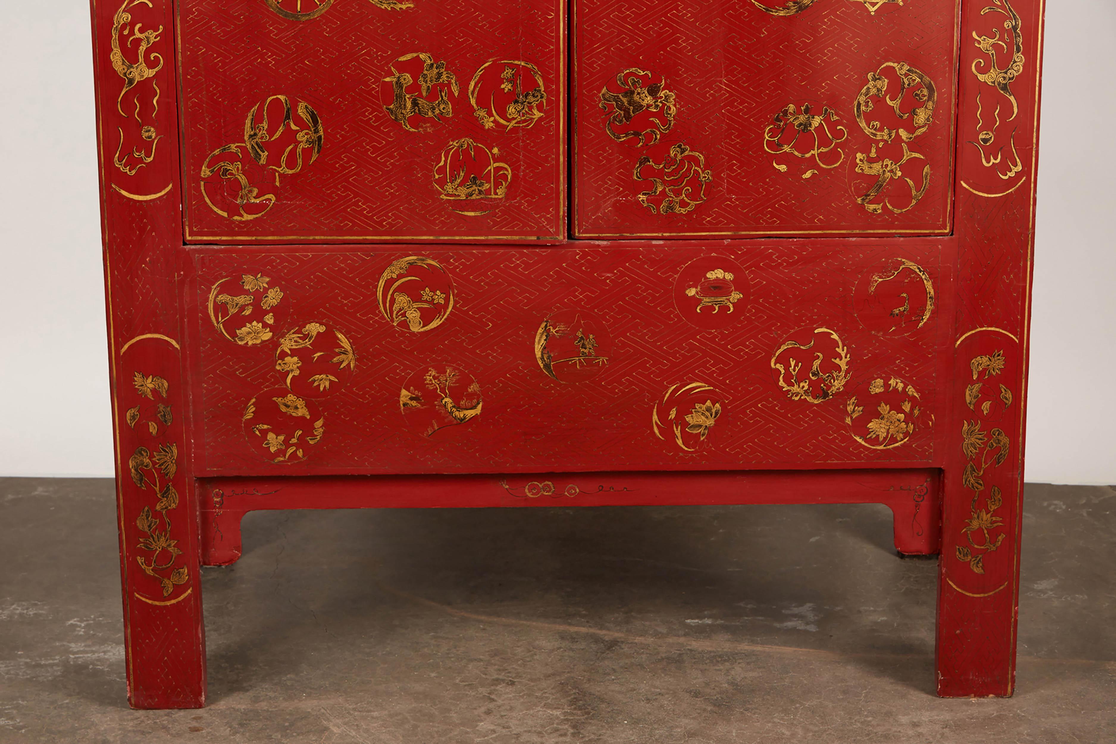 Qing 19th Century Red Century Chinese Cabinet For Sale