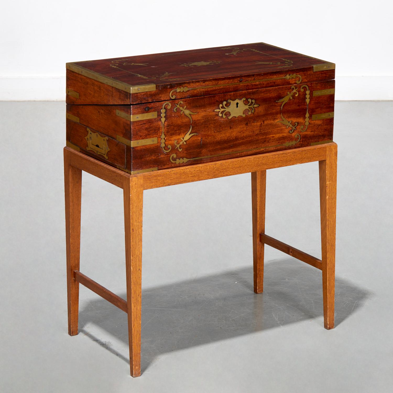 English 19th Regency Brass-Inlaid Portable Writing Desk on Later Stand, Secret Drawer For Sale