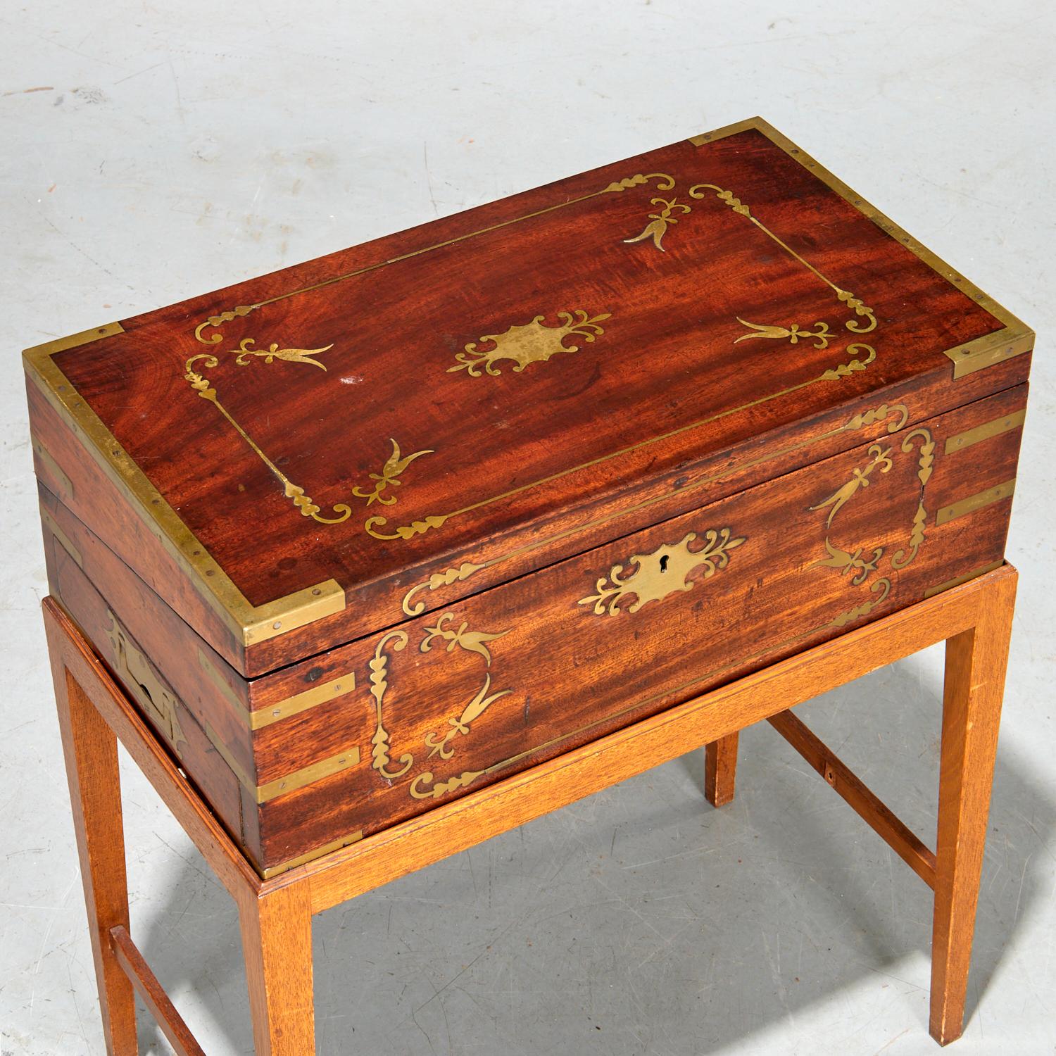 Inlay 19th Regency Brass-Inlaid Portable Writing Desk on Later Stand, Secret Drawer For Sale