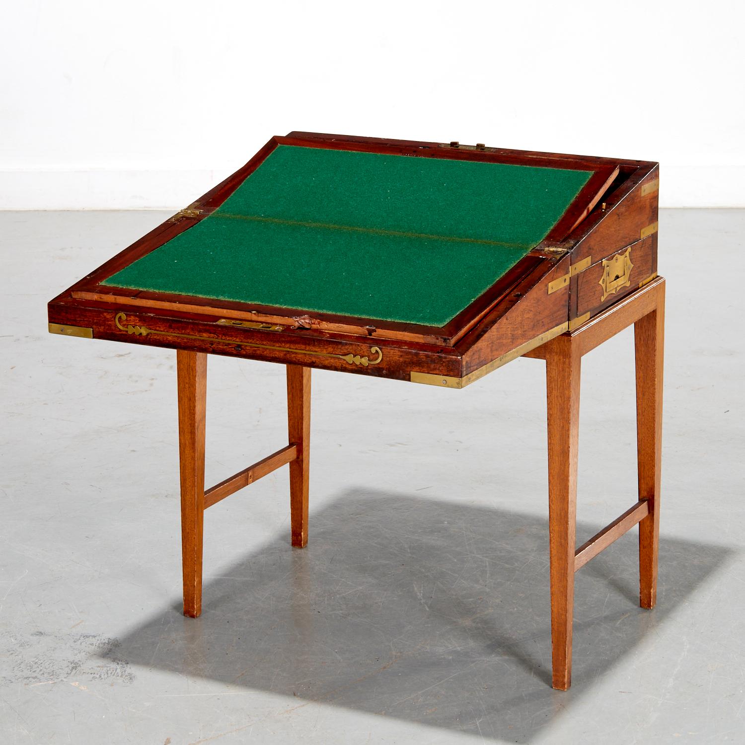 19th Regency Brass-Inlaid Portable Writing Desk on Later Stand, Secret Drawer In Good Condition For Sale In Morristown, NJ