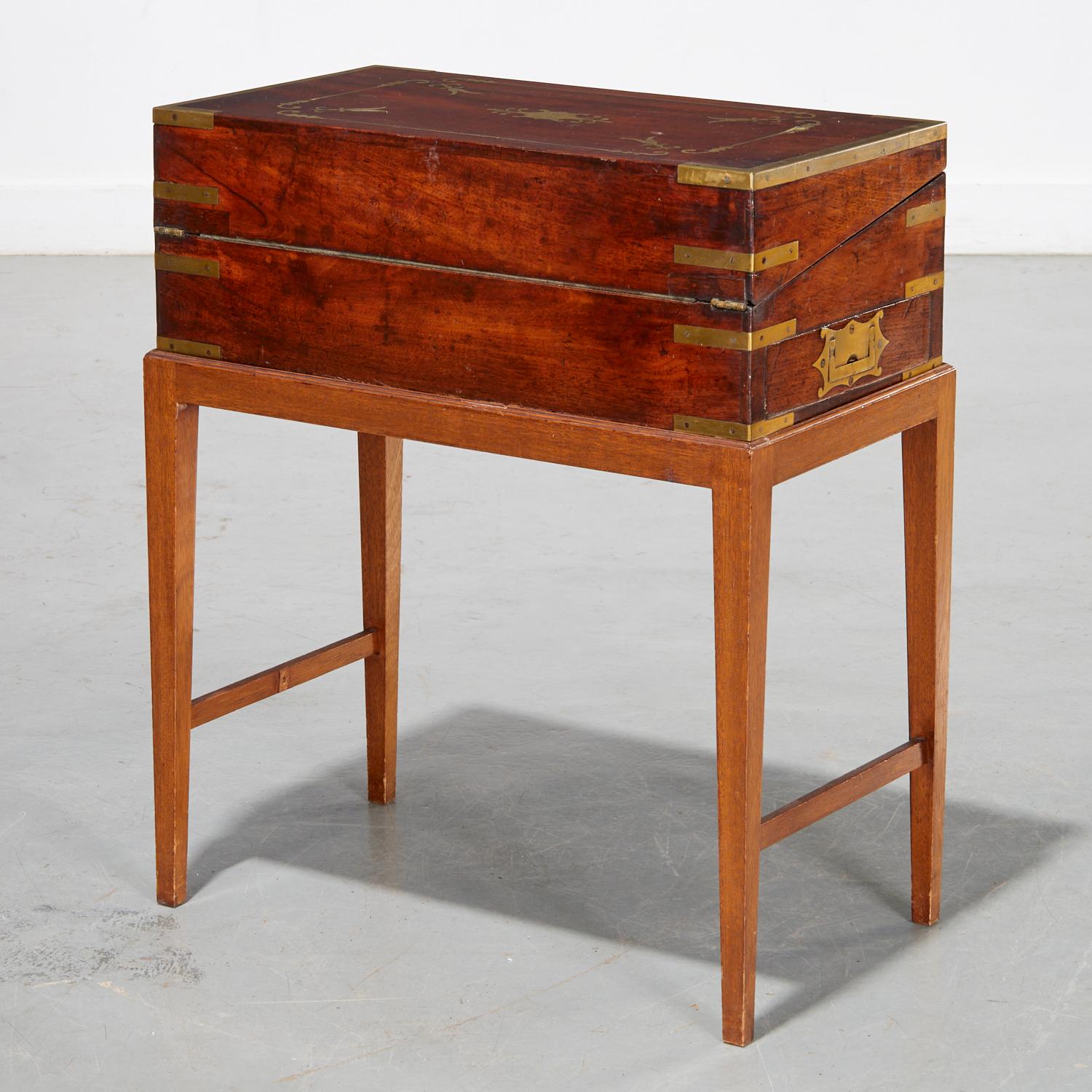 19th Regency Brass-Inlaid Portable Writing Desk on Later Stand, Secret Drawer For Sale 3