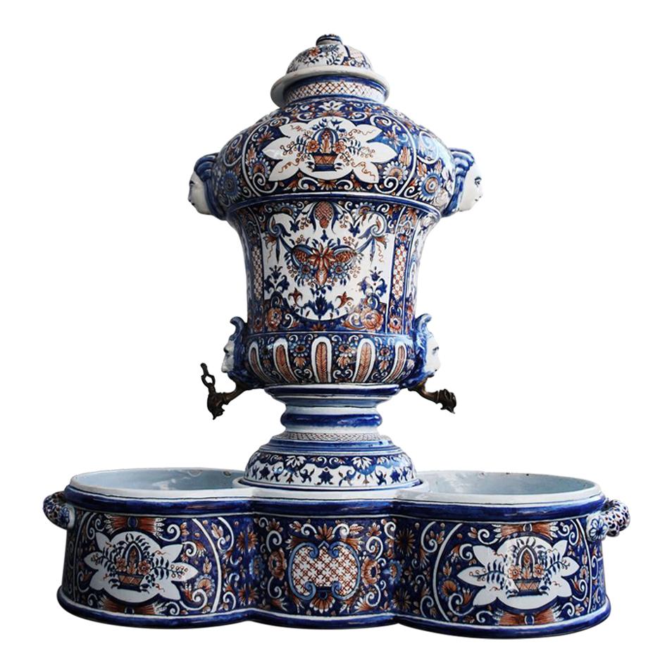 19th Rouen Style Faience Ribbed Wall Cistern and Basin