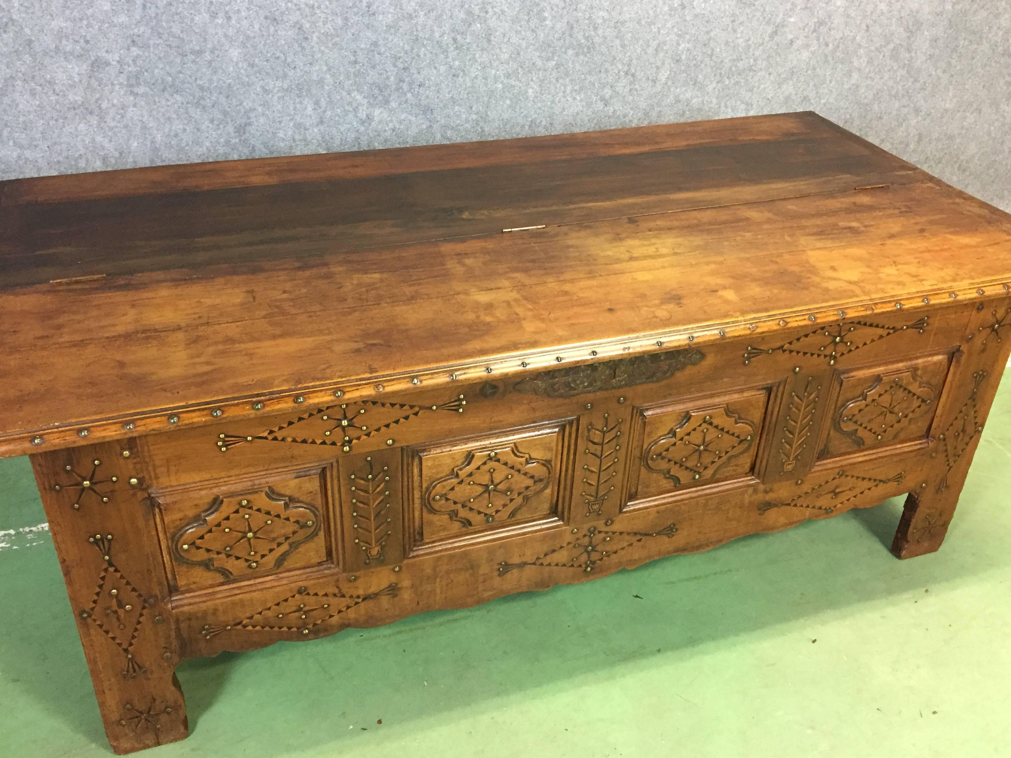 Mid-19th Century 19th Century Rustic Fruitwood Bench Coffer For Sale