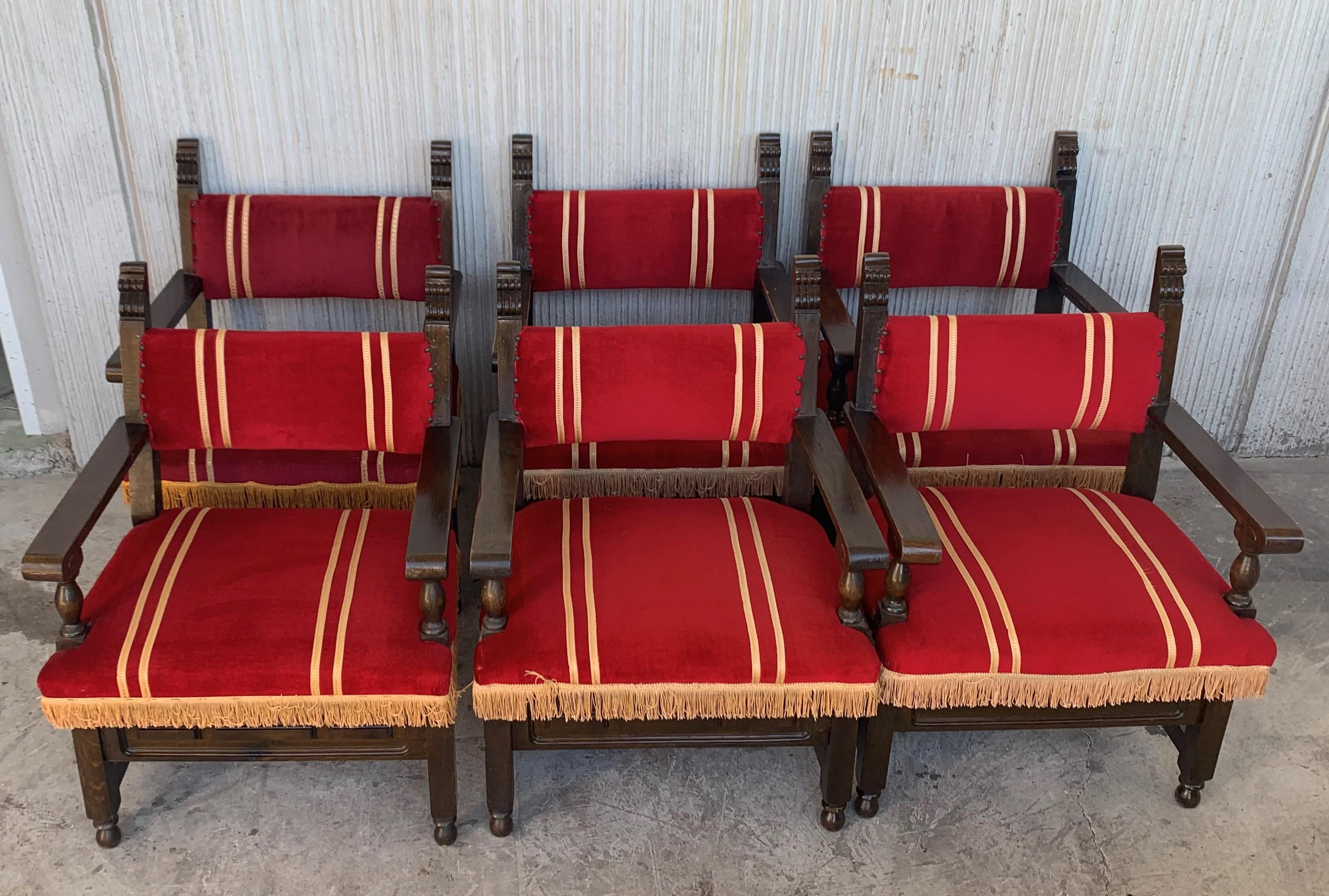 Spanish Colonial Set of 46 Spanish Low Armchairs in Carved Walnut and Red Velvet Upholstery