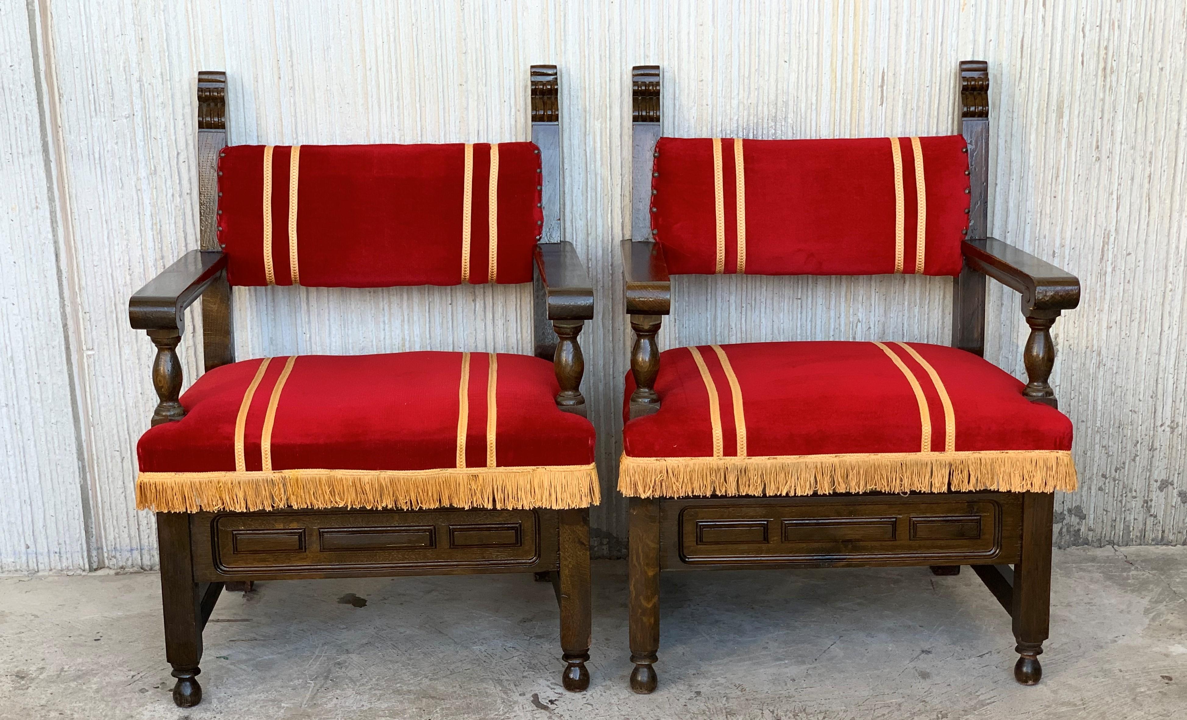 19th Century Set of 46 Spanish Low Armchairs in Carved Walnut and Red Velvet Upholstery