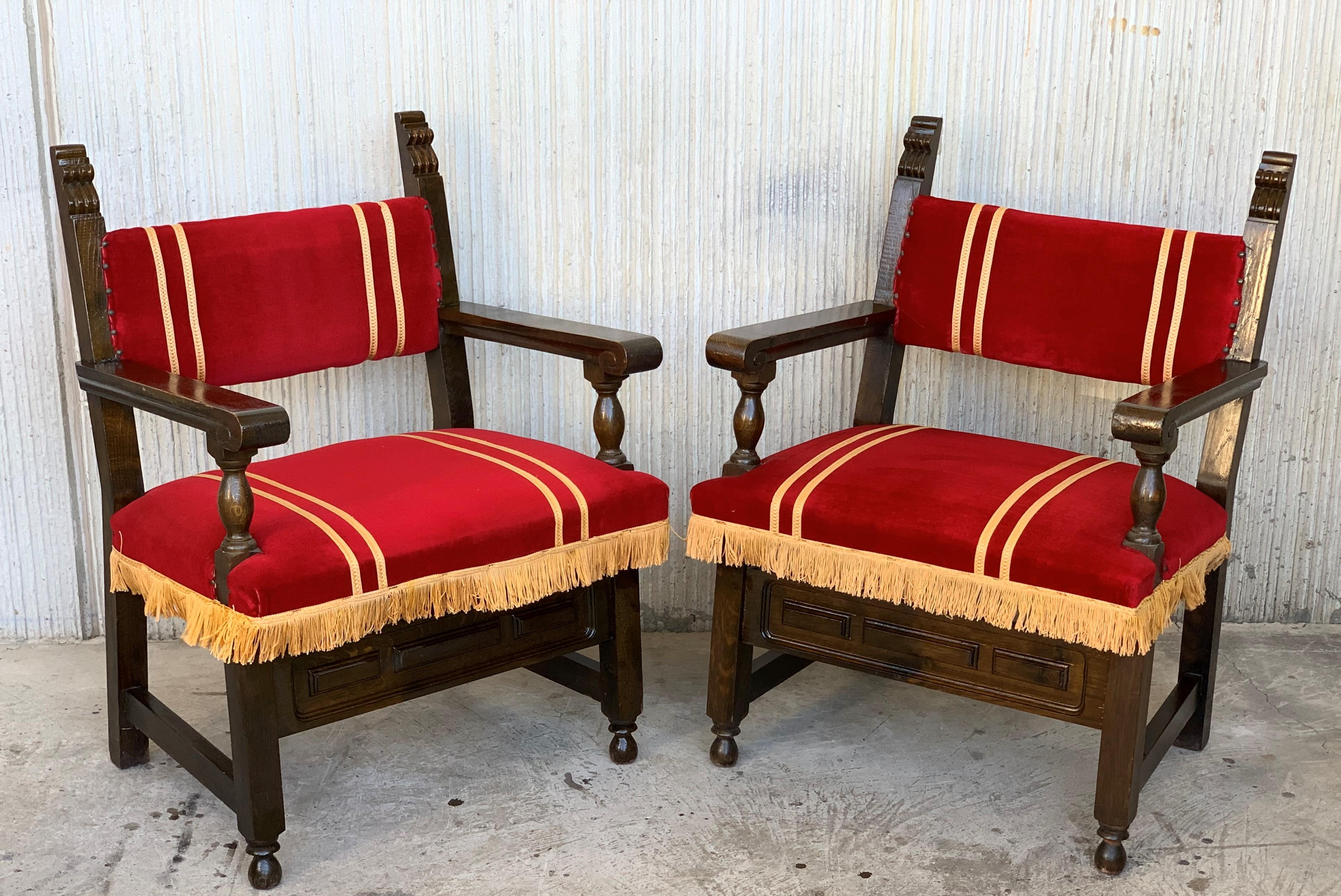 Set of 46 Spanish Low Armchairs in Carved Walnut and Red Velvet Upholstery 2