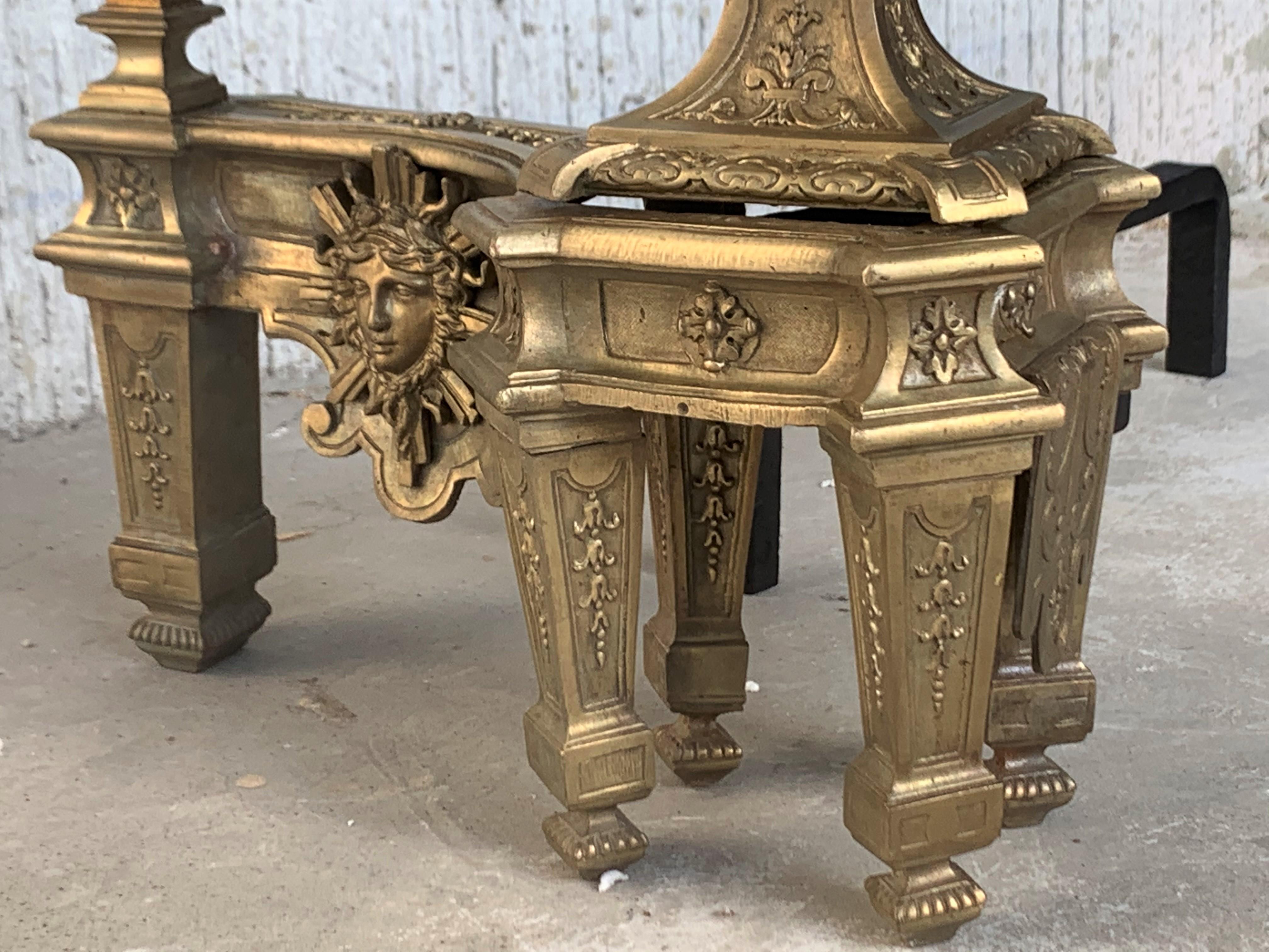 19th Century Set of Antique Andirons or Firedogs in Bronze and Iron For Sale 6