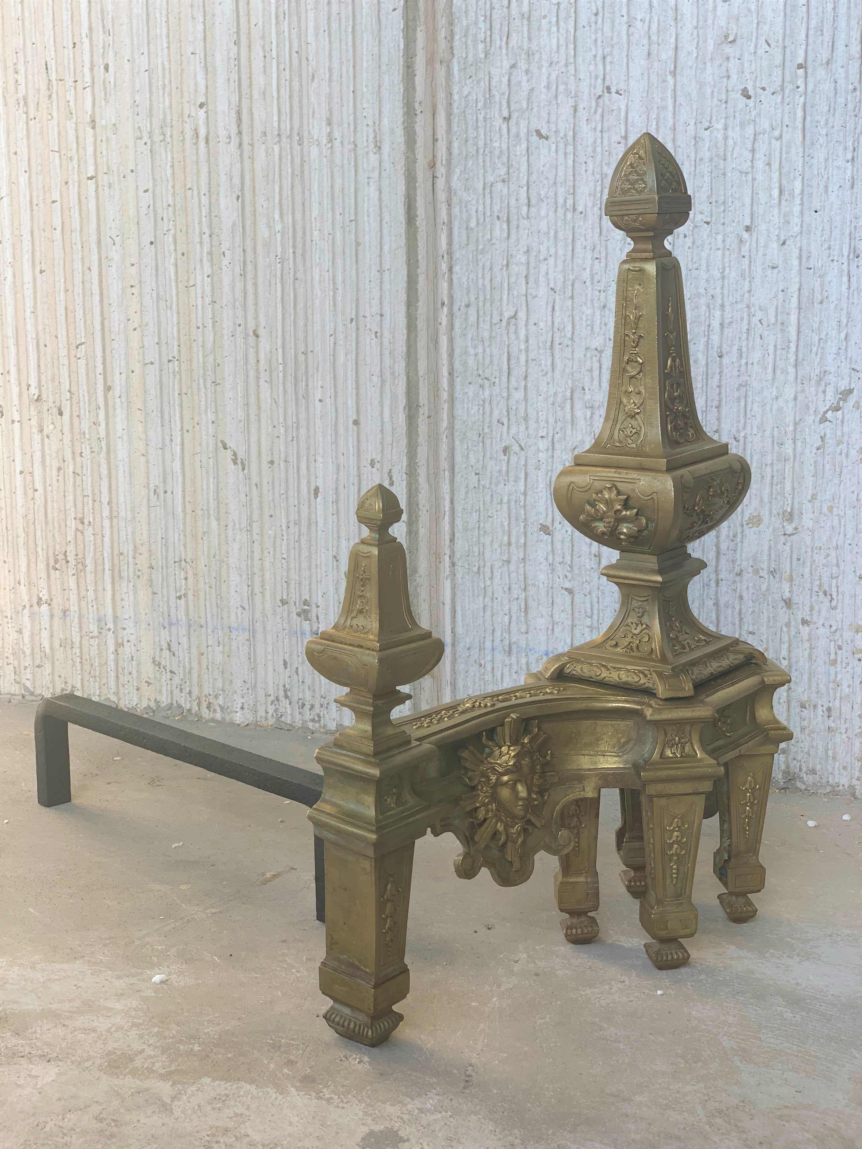 19th Century Set of Antique Andirons or Firedogs in Bronze and Iron For Sale 2