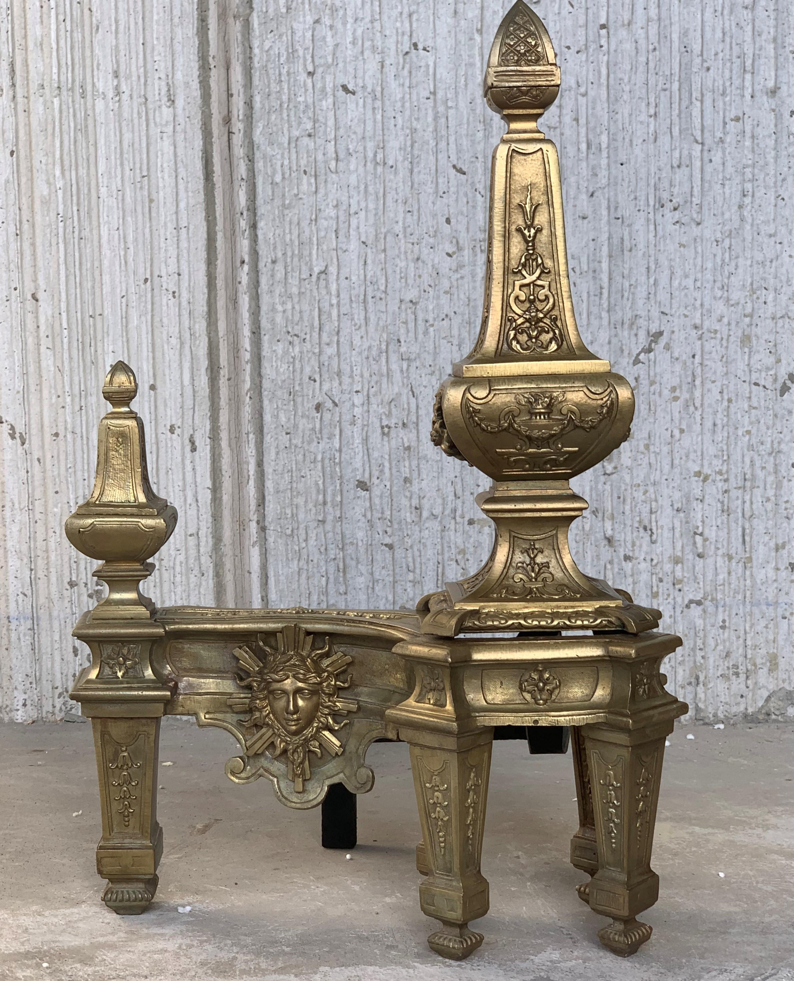 19th Century Set of Antique Andirons or Firedogs in Bronze and Iron For Sale 3