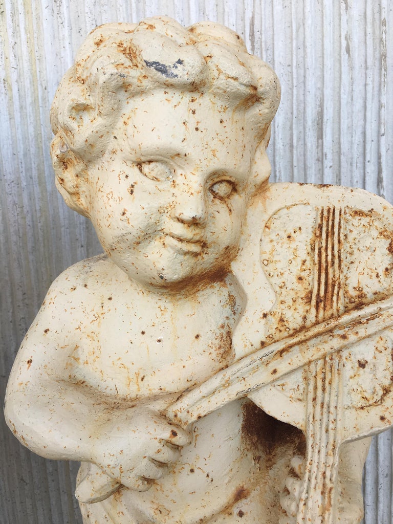 19th Set of Four Cast Iron Fiske Cherubs Boy Garden Statues with Stands