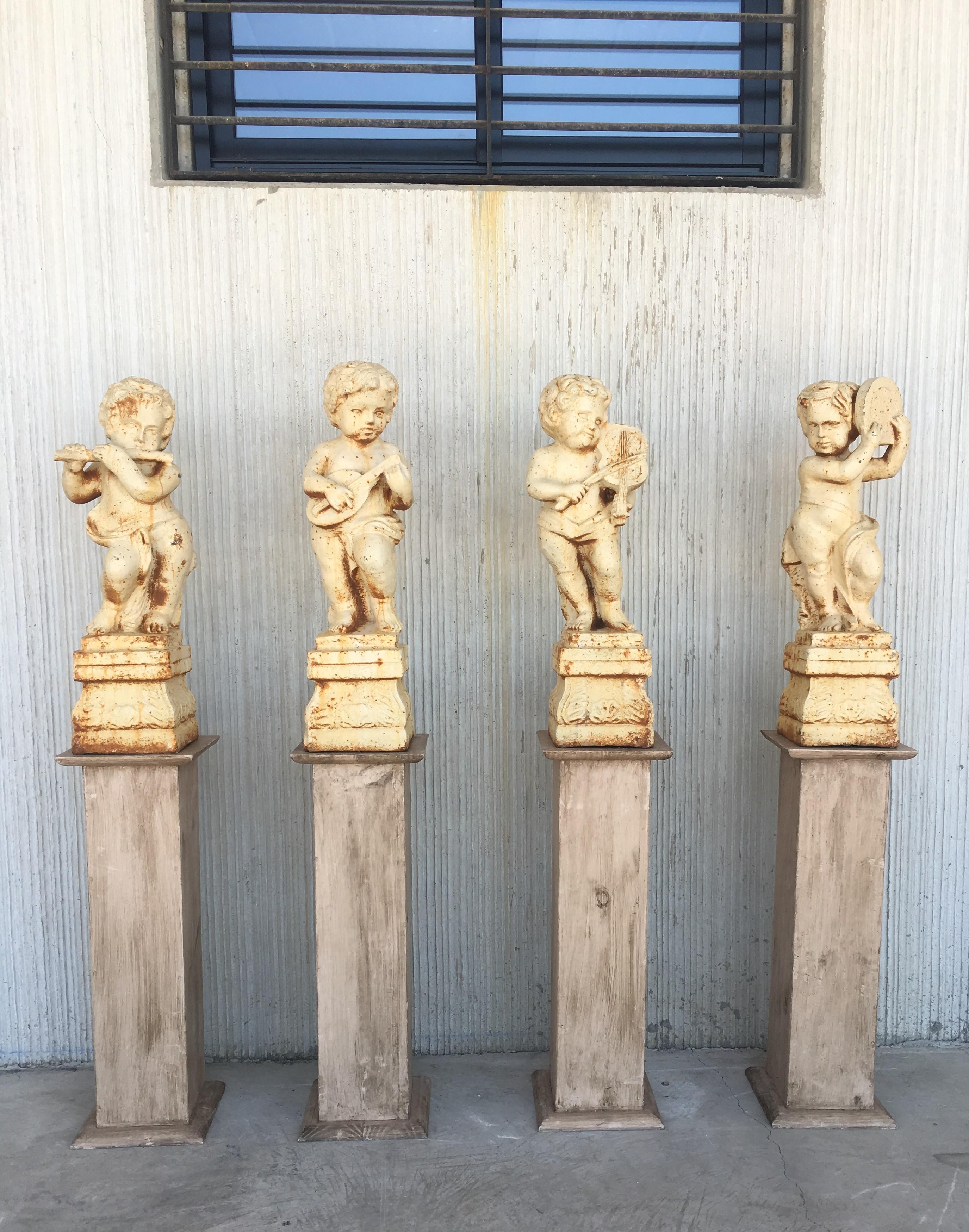 19th Set of Four Cast Iron Fiske Cherubs Boy Garden Statues with Stands 9