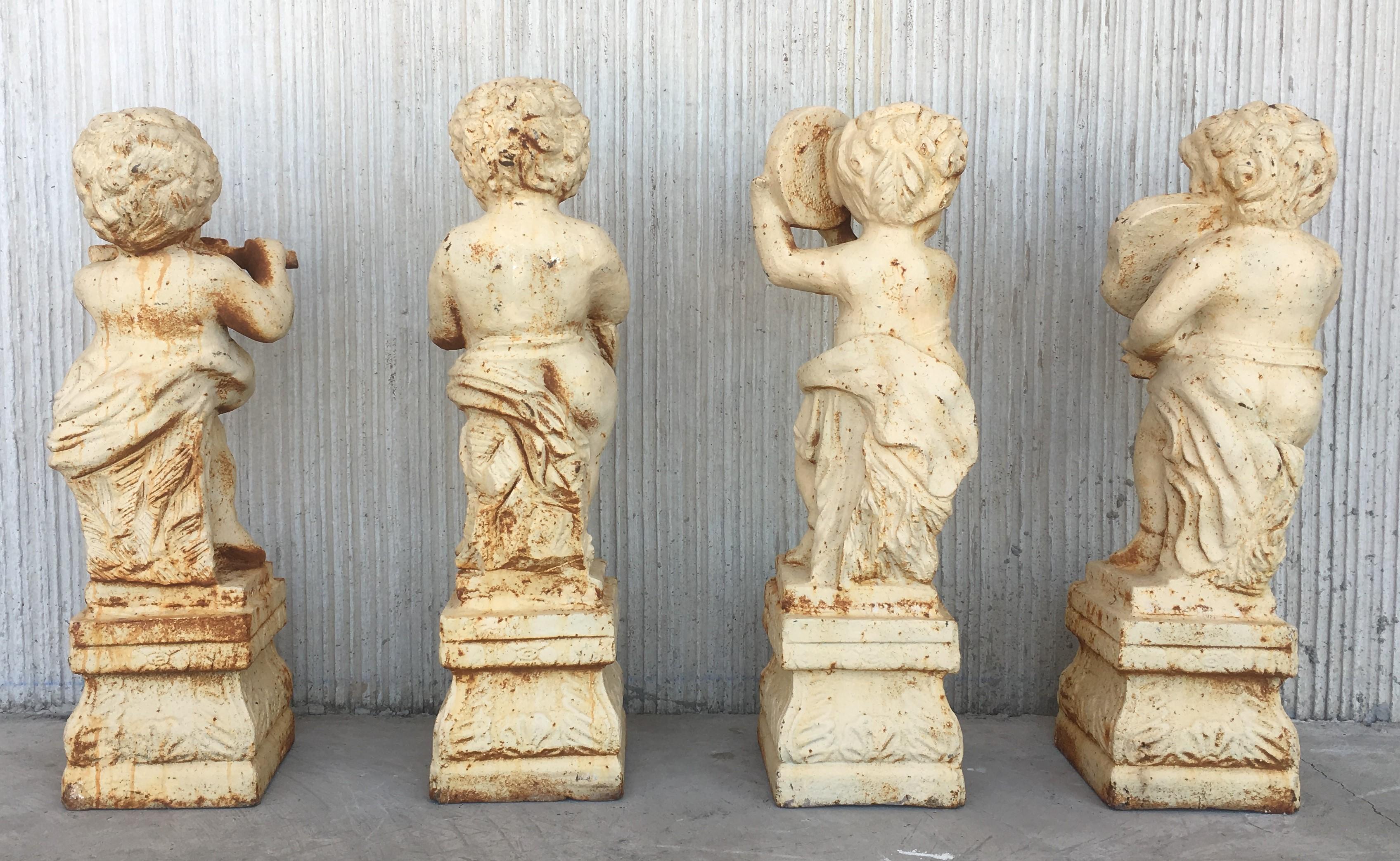 Neoclassical Revival 19th Set of Four Cast Iron Fiske Cherubs Boy Garden Statues with Stands