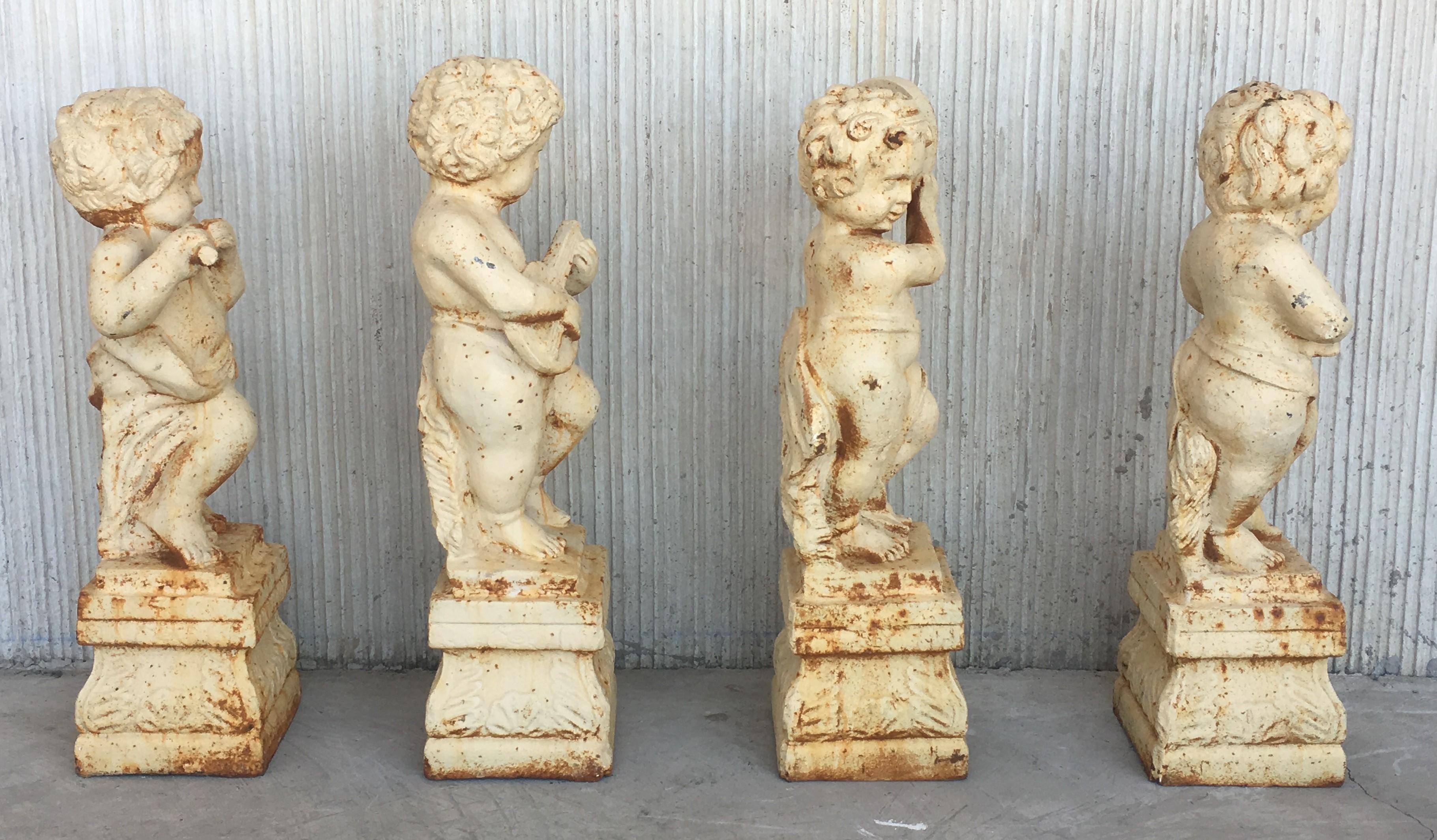 Italian 19th Set of Four Cast Iron Fiske Cherubs Boy Garden Statues with Stands