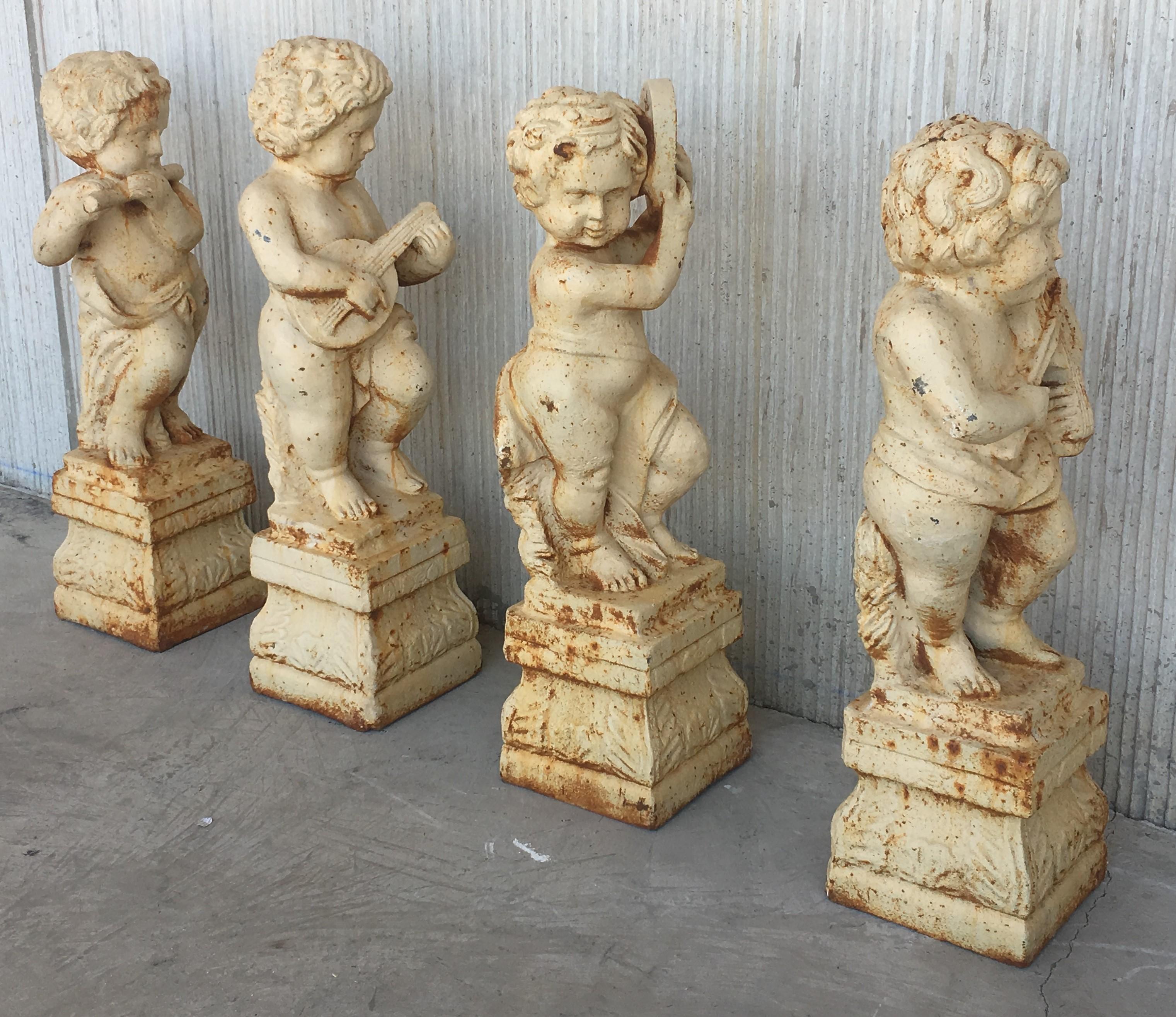 19th Century 19th Set of Four Cast Iron Fiske Cherubs Boy Garden Statues with Stands