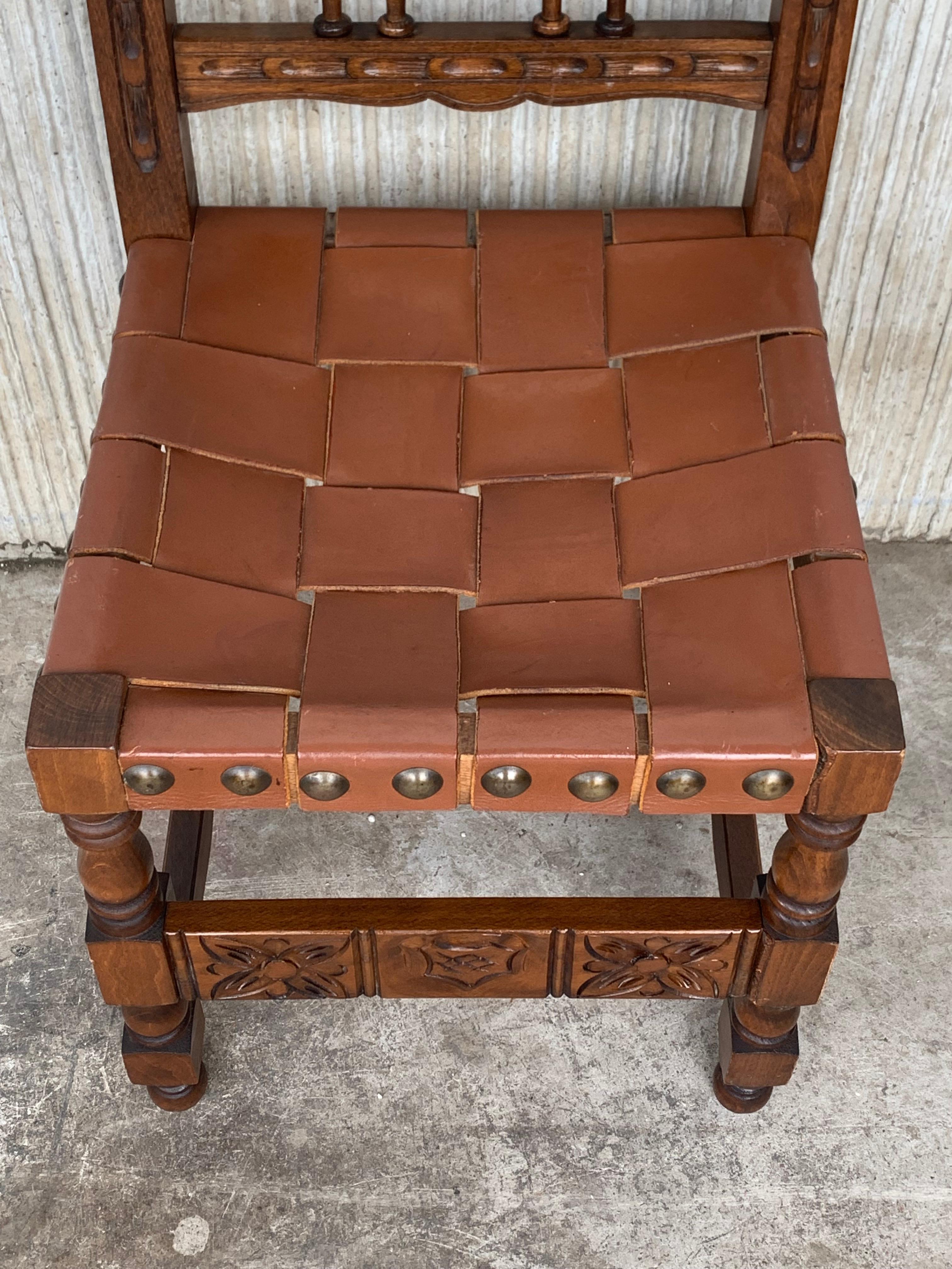 19th Set of Four Spanish Carved Chairs with Leather Seat and Back For Sale 4