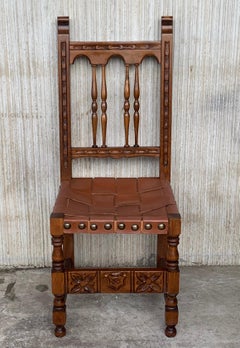 19th Set of Four Spanish Carved Chairs with Leather Seat and Back