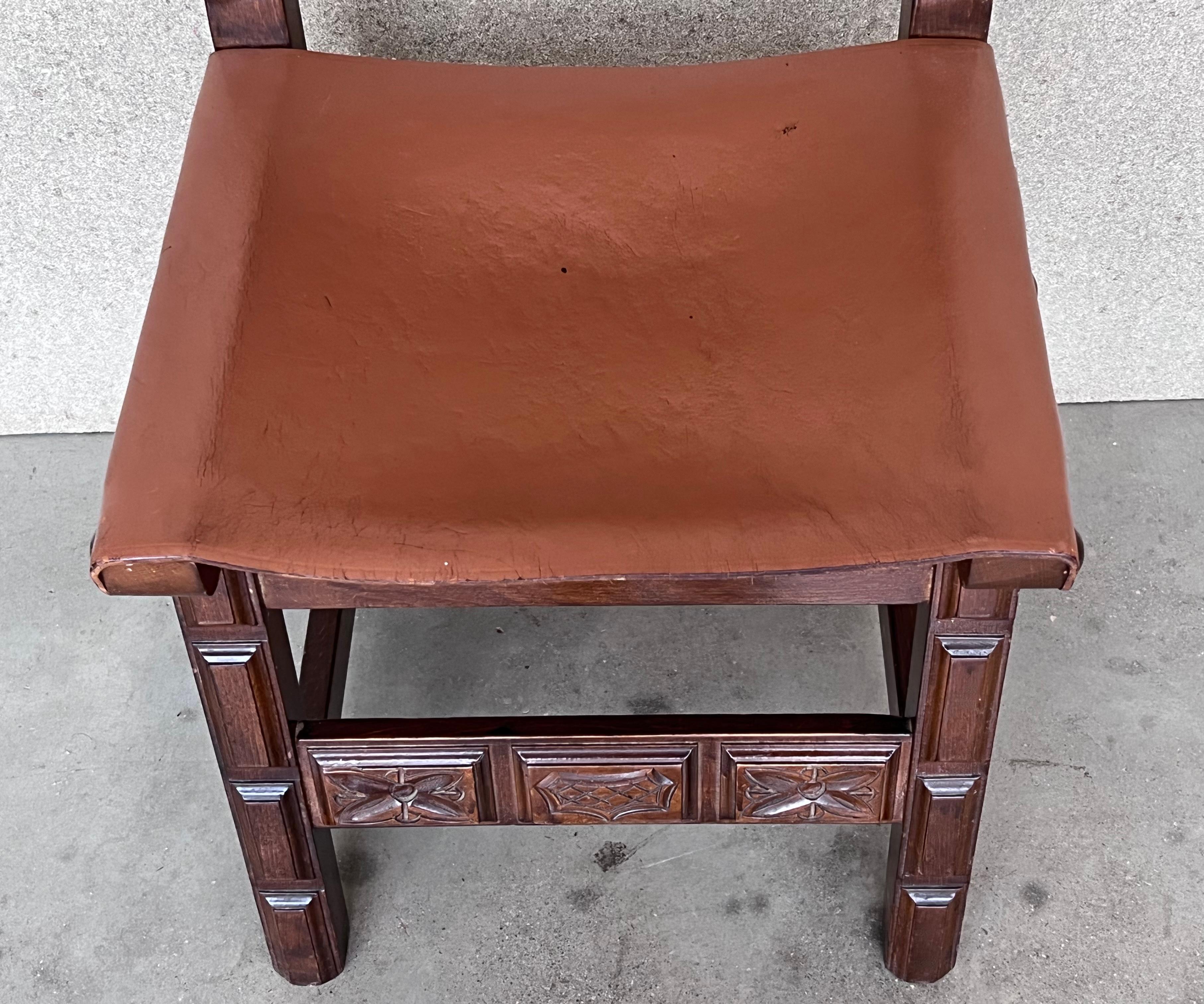 19th Set of Six Spanish Carved Chairs with Leather Seat and Back For Sale 5