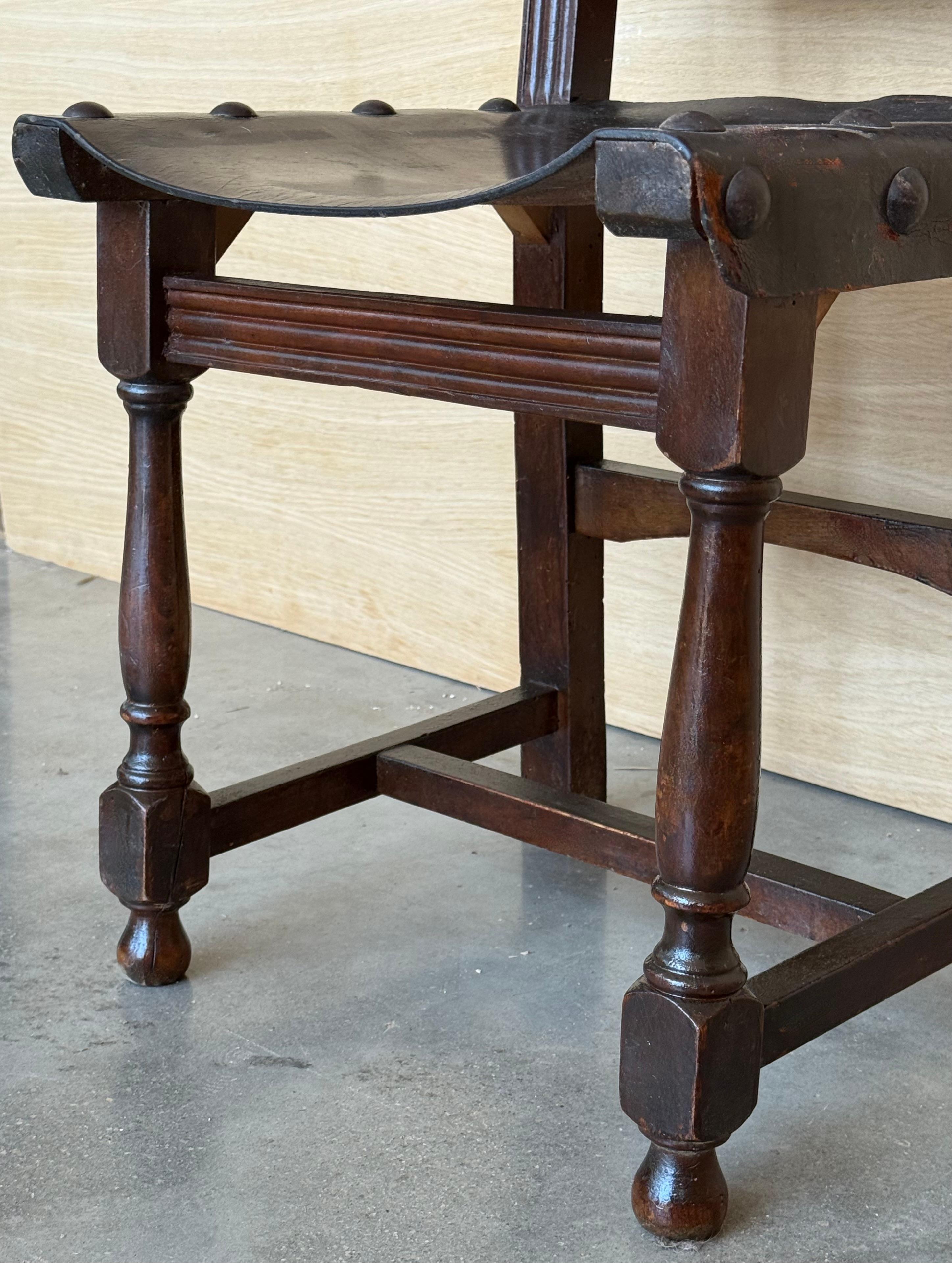 19th Set of Six Spanish Carved Chairs with Leather Seat and Back For Sale 5