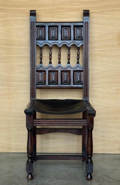 19th Set of Six Spanish Carved Chairs with Leather Seat and Back