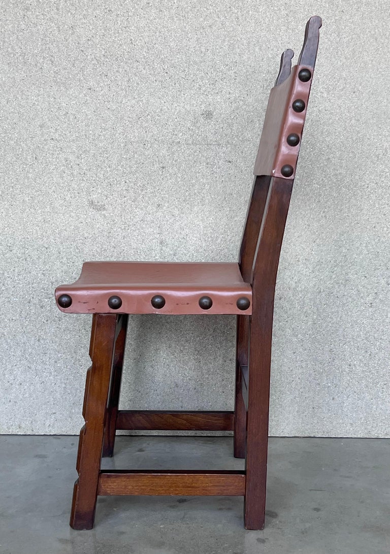 19th Set of Six Spanish Carved Chairs with Leather Seat and Back For Sale at 1stDibs