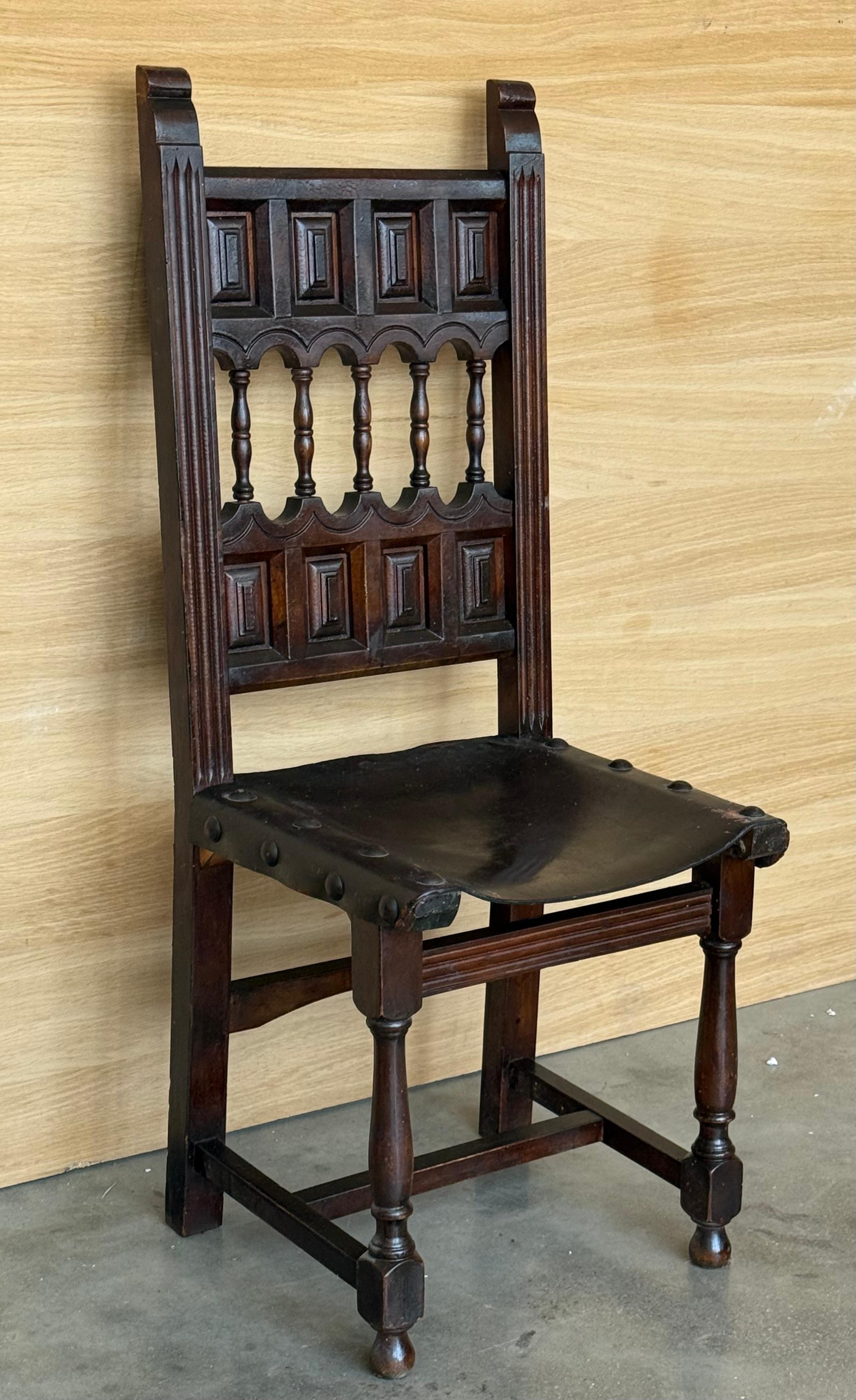19th Century 19th Set of Six Spanish Carved Chairs with Leather Seat and Back For Sale