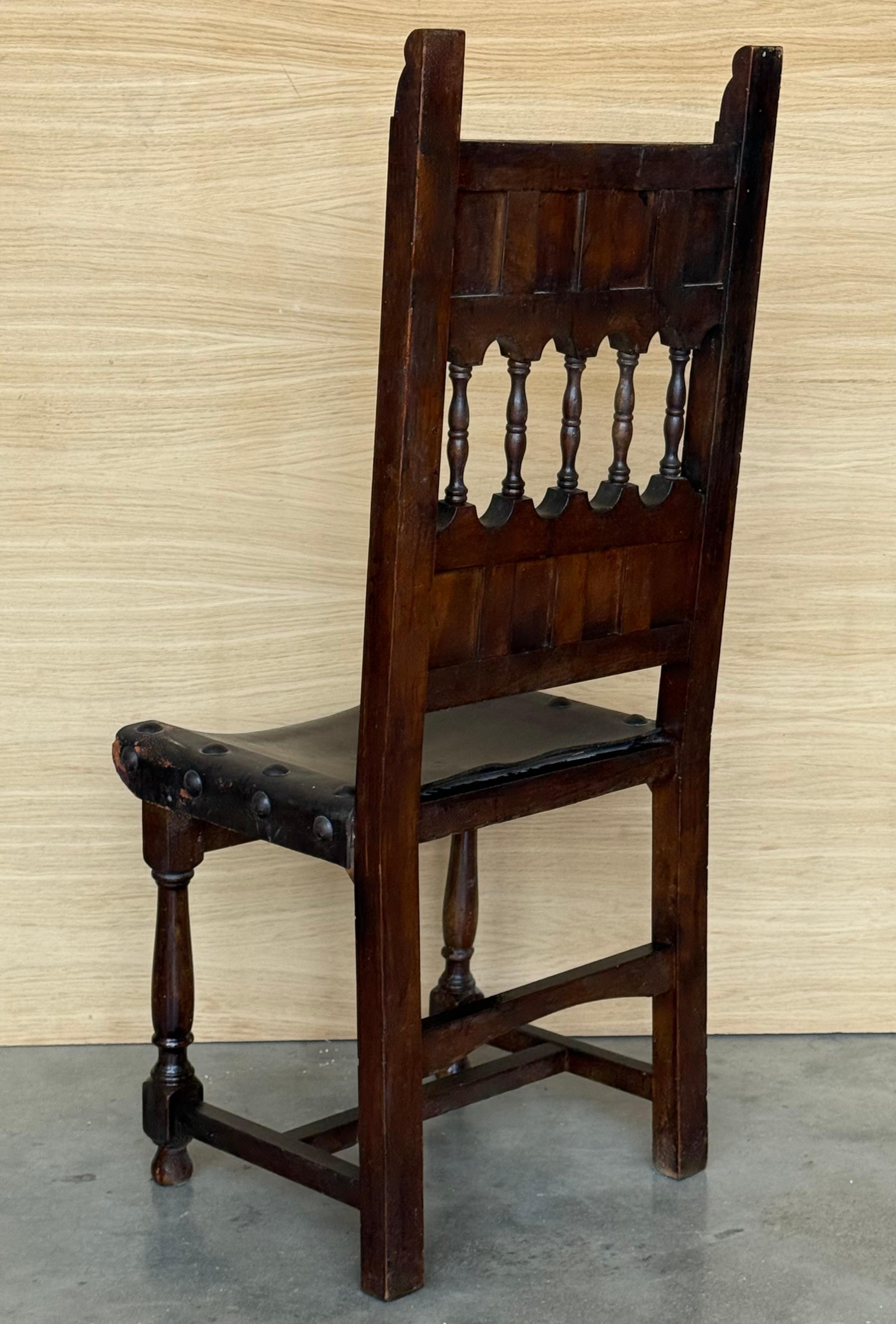 19th Set of Six Spanish Carved Chairs with Leather Seat and Back For Sale 2