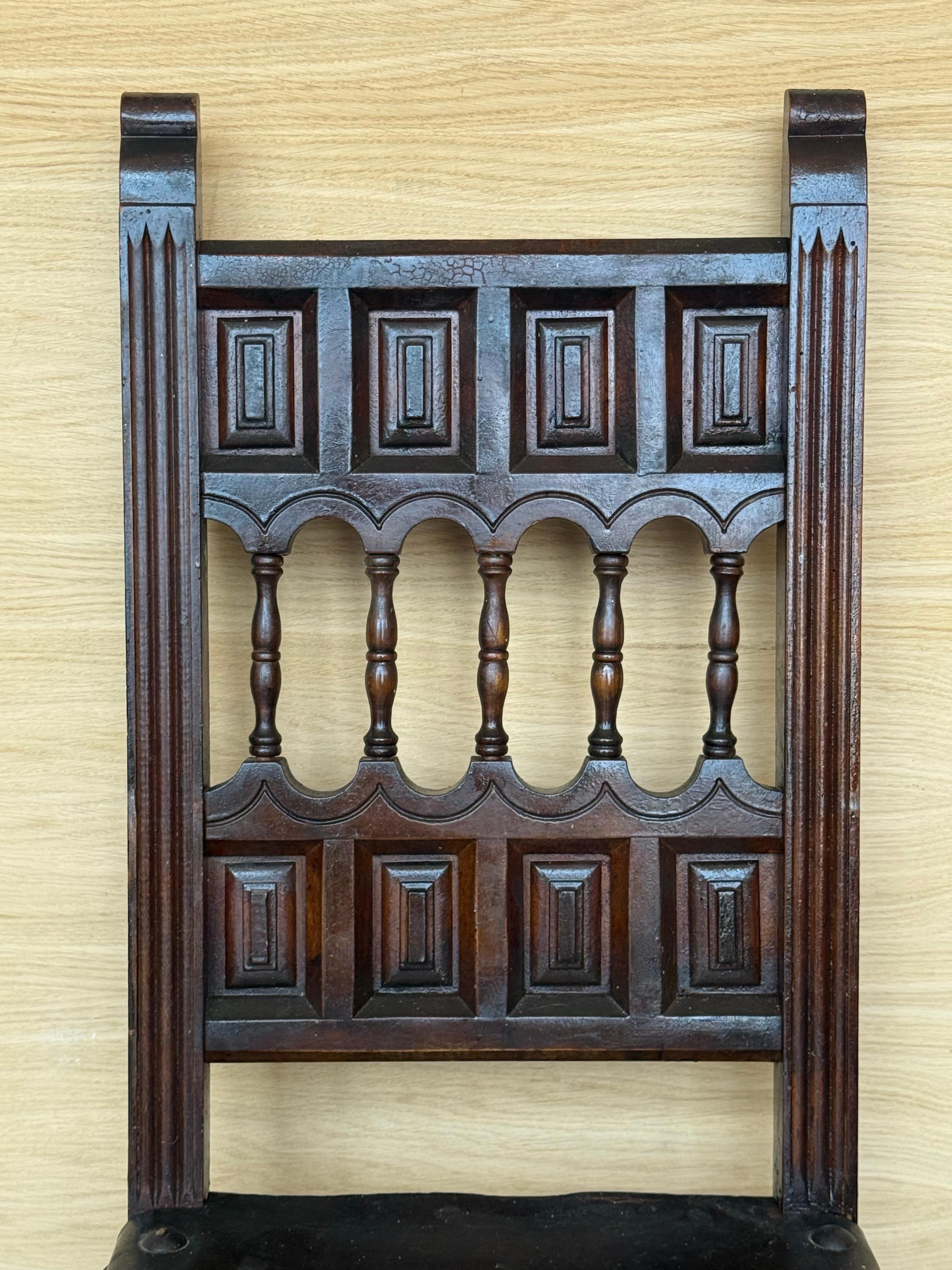 19th Set of Six Spanish Carved Chairs with Leather Seat and Back For Sale 3
