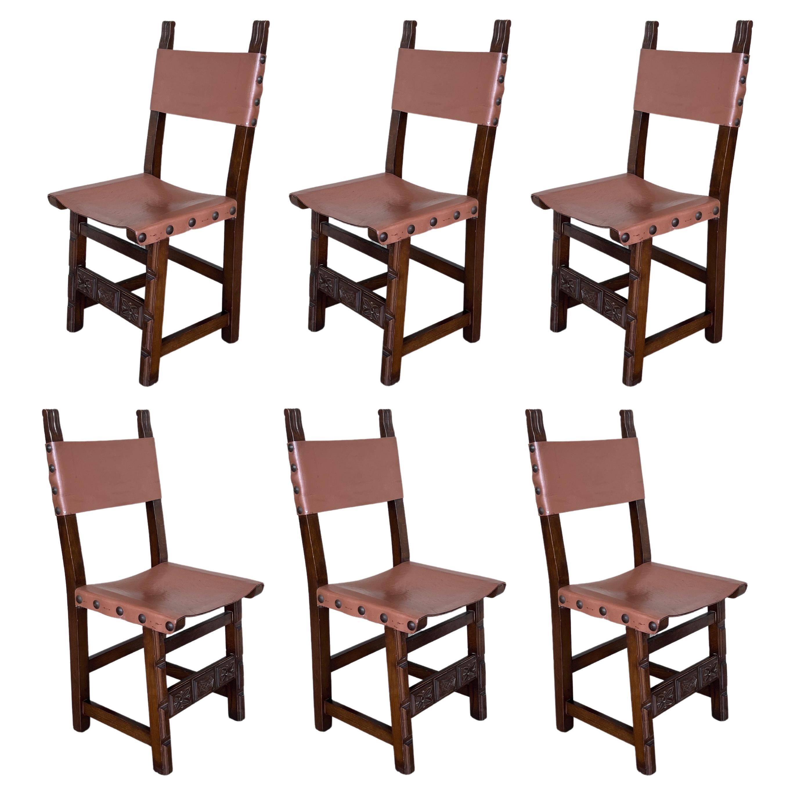 19th Set of Six Spanish Carved Chairs with Leather Seat and Back