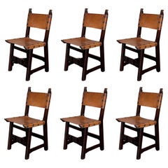19th Set of Six Spanish Carved Chairs with Leather Seat and Back