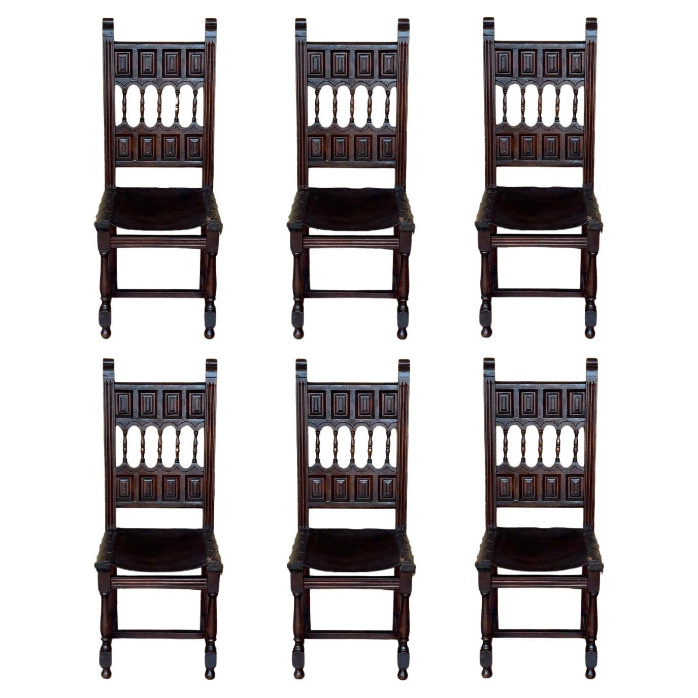 19th Set of Six Spanish Carved Chairs with Leather Seat and Back For Sale