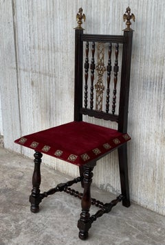 19th Set of Six Spanish Chairs with Bronze Details and Red Velvet Upholstery