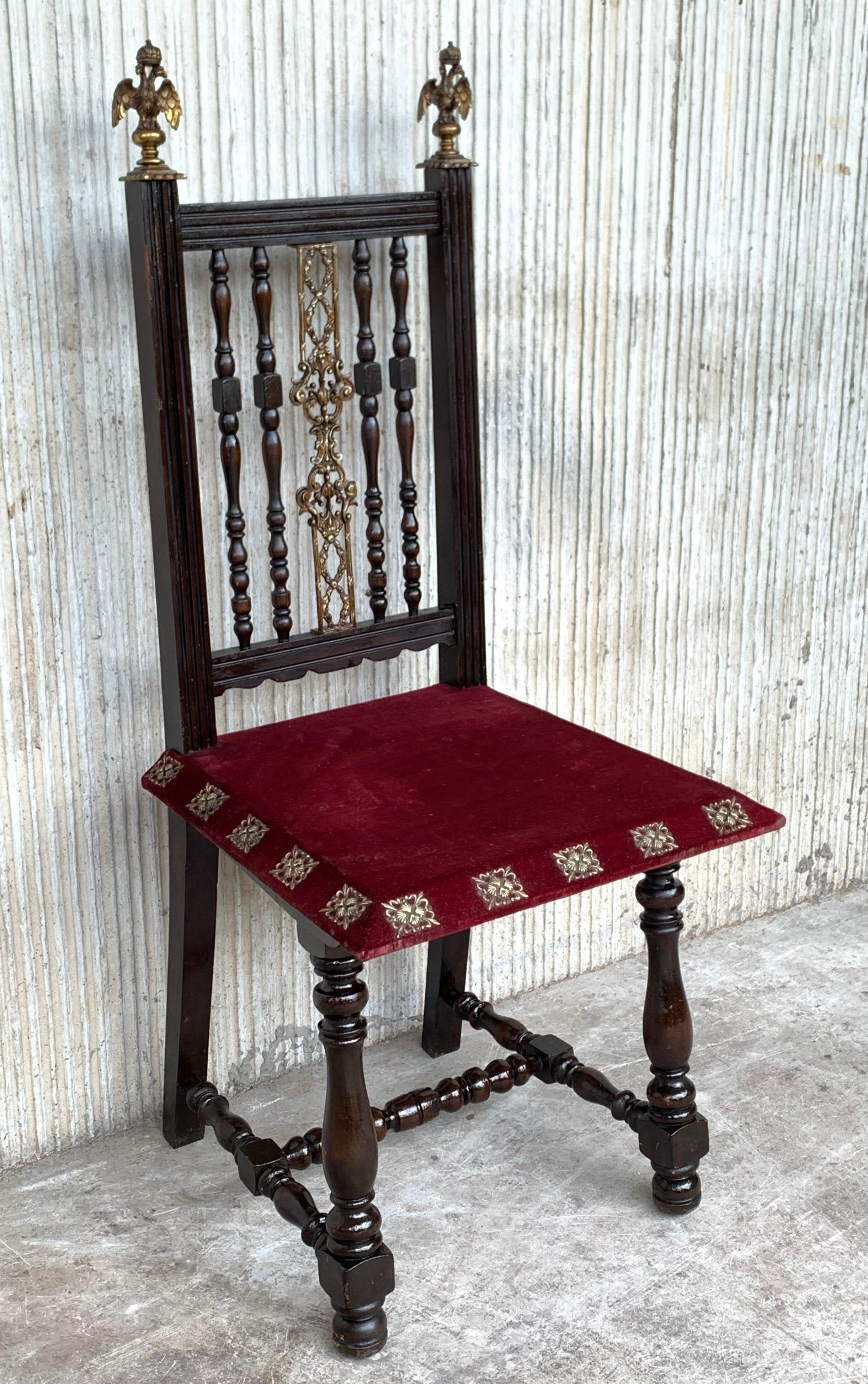 Spanish Colonial 19th Set of Six Spanish Chairs with Bronze Details and Red Velvet Upholstery For Sale