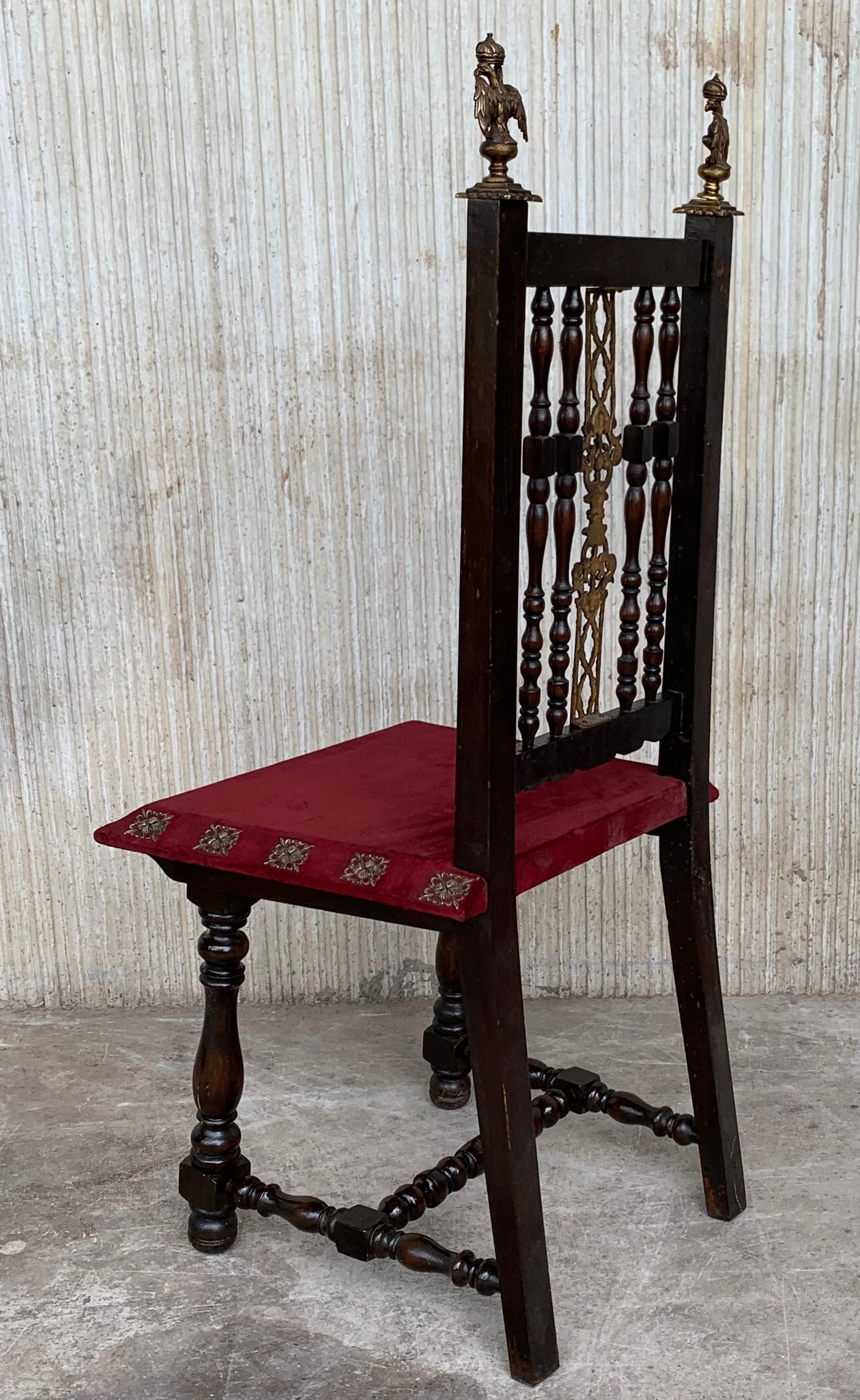 19th Set of Six Spanish Chairs with Bronze Details and Red Velvet Upholstery In Good Condition For Sale In Miami, FL